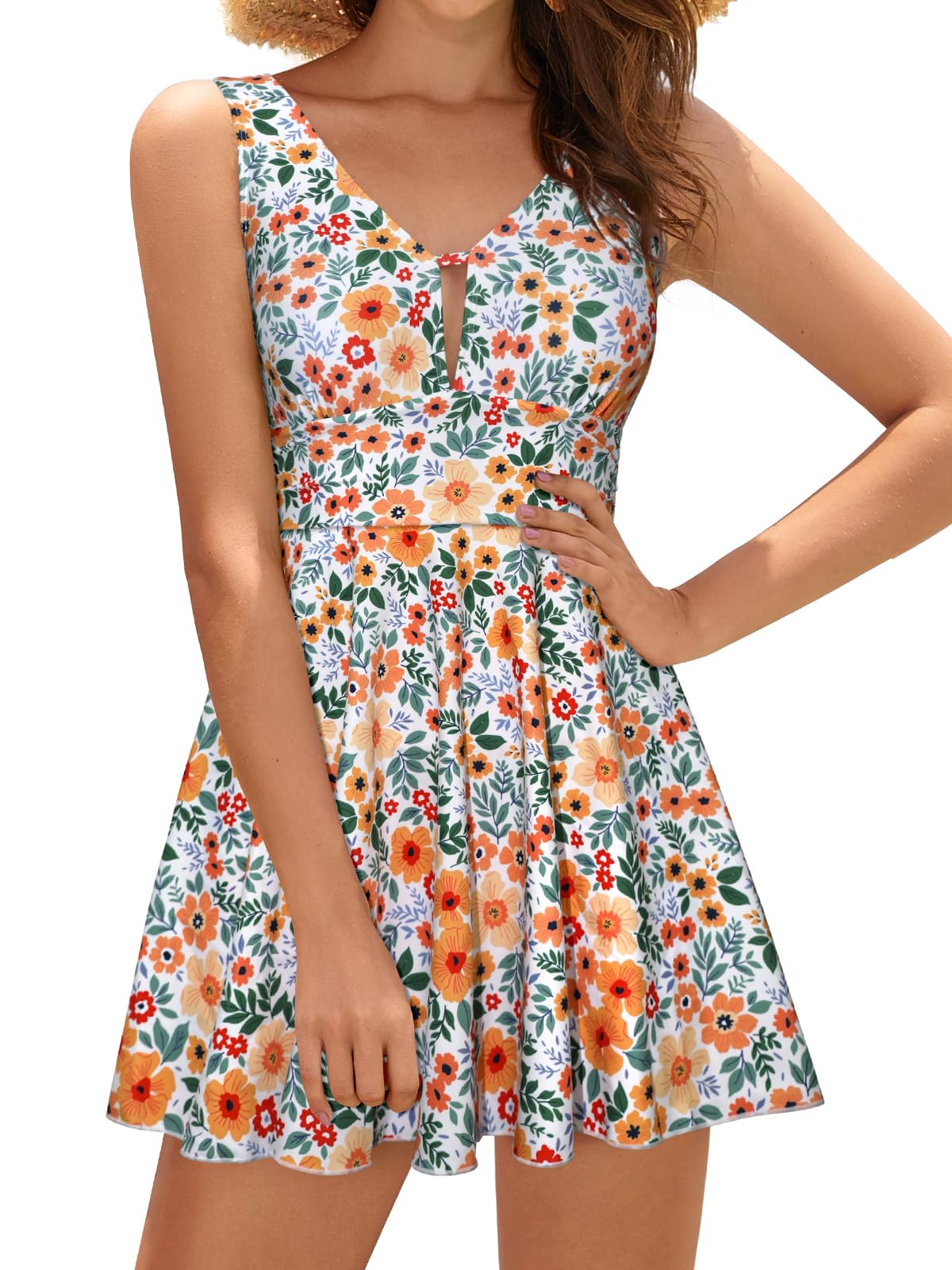 SHEKINI Damen Einteiliger Badeanzug Elegant Badeanzugkleid Mit Brustpolster Badekleid Ruched Bauchweg Schwimmkleid Baderock