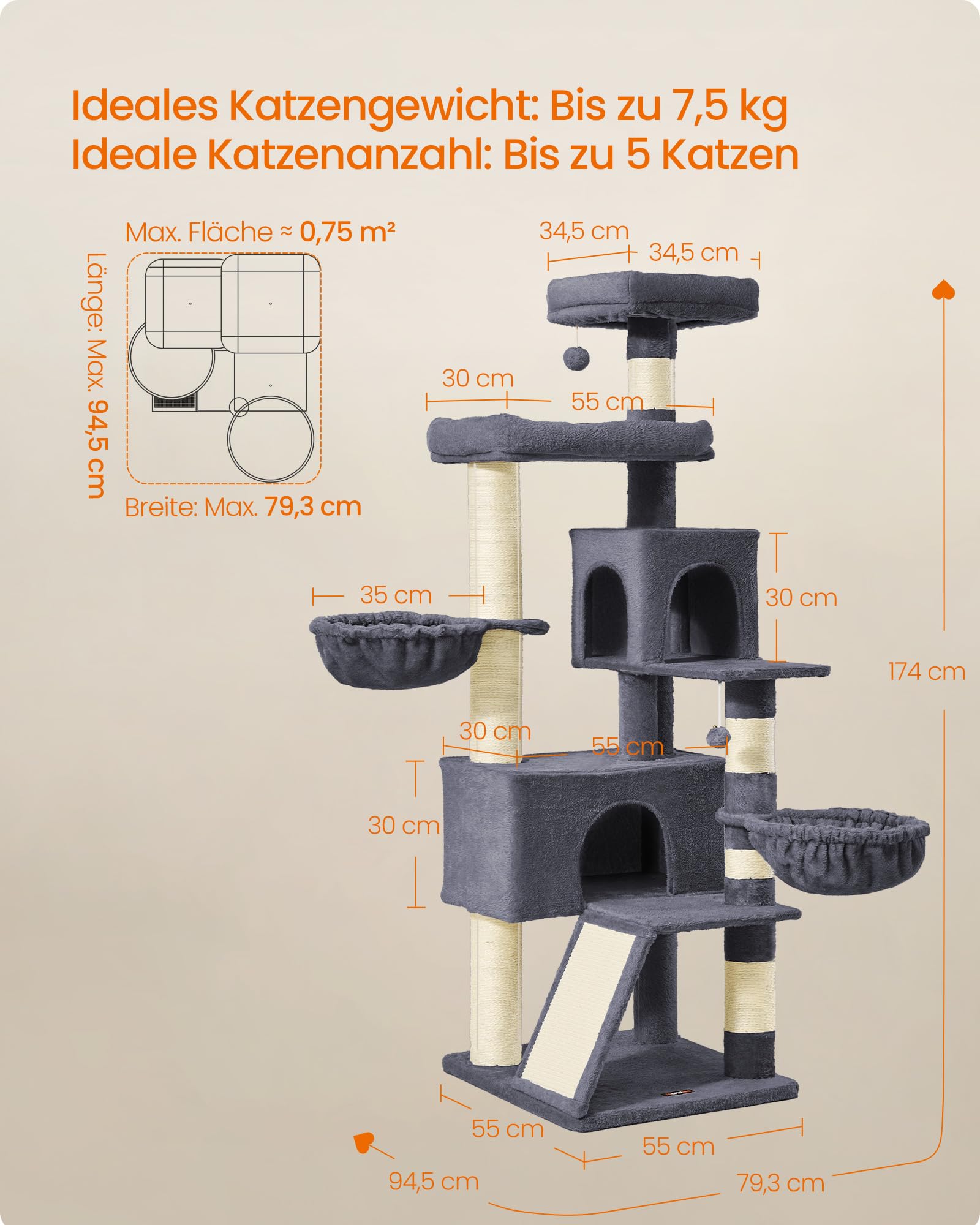 Feandrea Kratzbaum groß, 174 cm hoher Katzenbaum, mit großer Plattform, Doppelhöhle, dunkelgrau PCT006G02