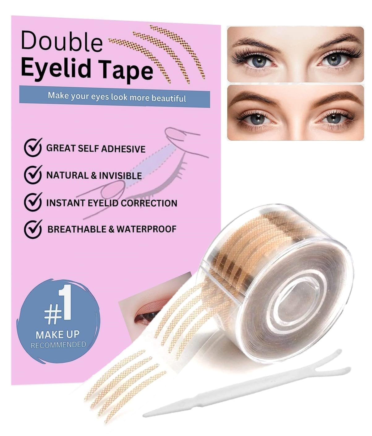 WebWares eyelid tape for double eyelid invisible waterproof, eyelid tape for hooded eyes Makeup Eyelid tape tools Sticker Strips with fork