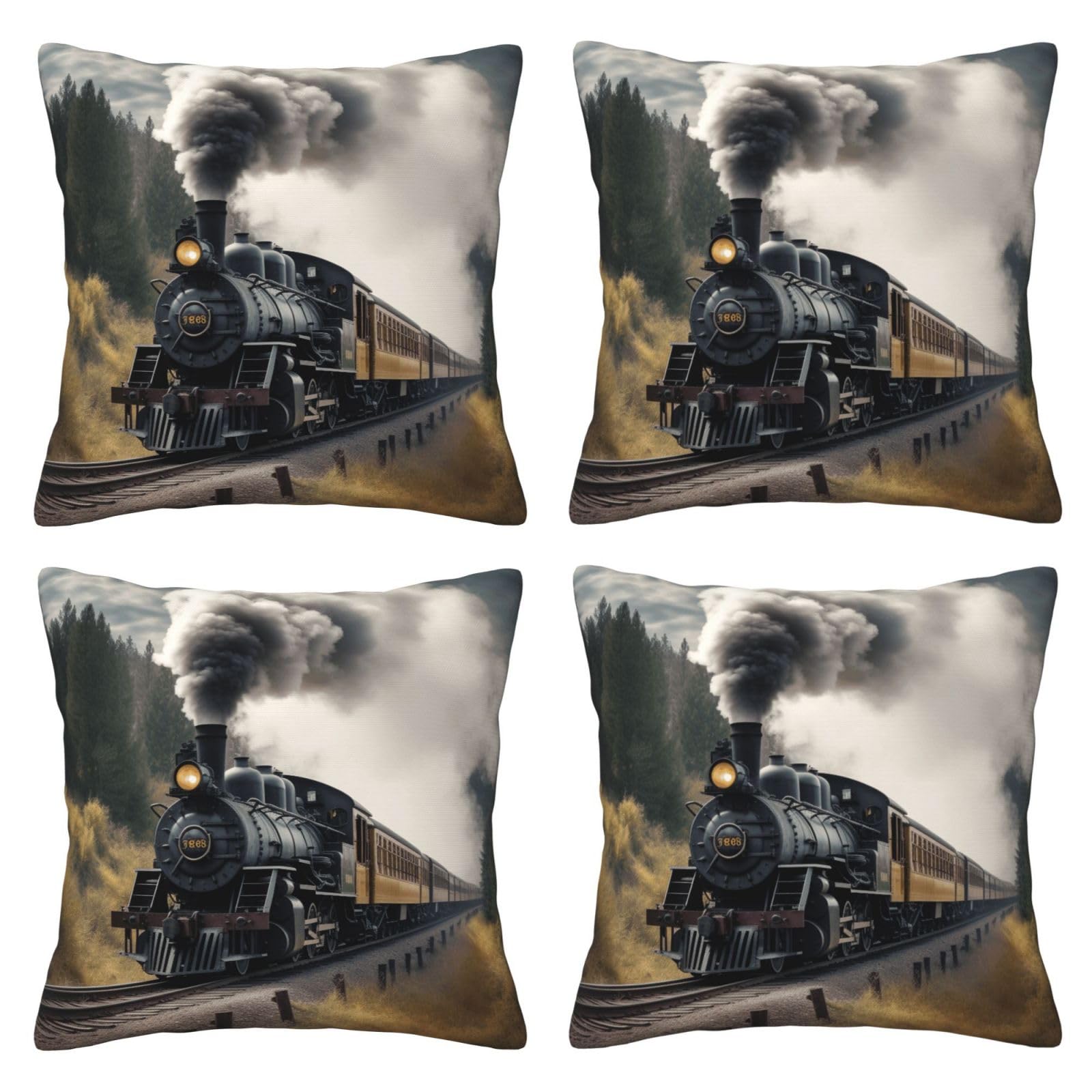 Steam Train Throw Pillow Cases 4 Pack Square Pillowcases Super Soft Pillow Protectors With Zipper for Couch Livingroom Sofa Bed Office Car,30x30 CM