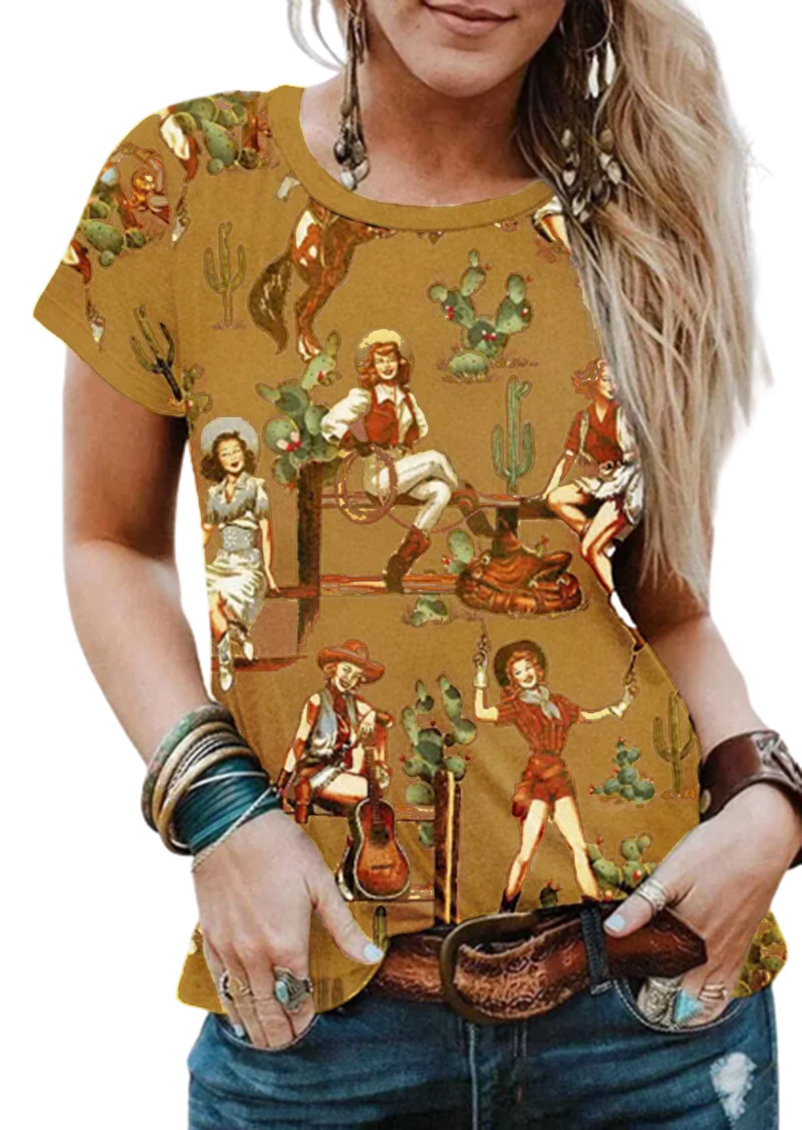 MHTORWestern Cactus Horse T-Shirt Cactus Shirts for Women Desert Horse Graphic Tee Casual Cowgirl Vintage Short Sleeve Tops