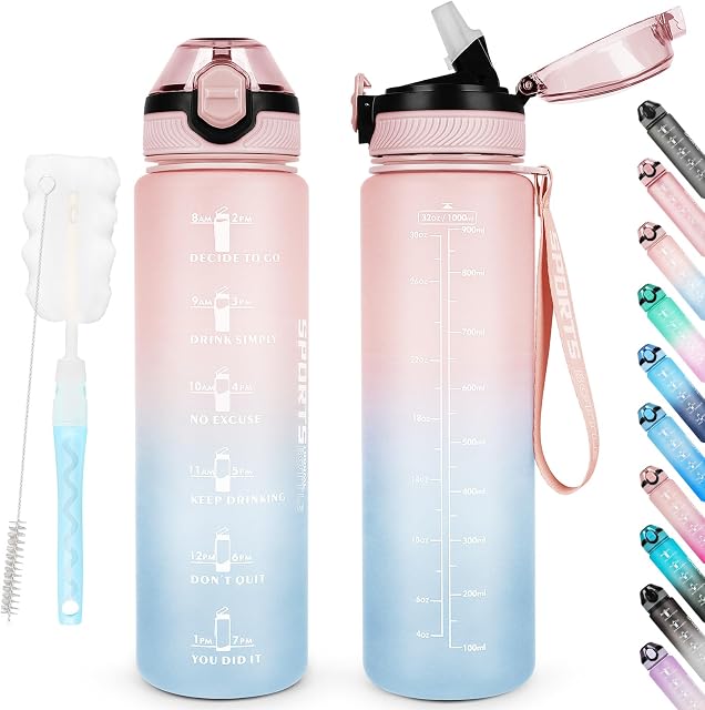 AOHAN Water Bottles 1L BPA Free Sport Drinking Bottle with Straw, Dishwasher Safe Lock Cover Leakproof Motivational Water Bottle with Time Markings, Non-Toxic Canteen Bottle (Pink Blue) (SH0008)