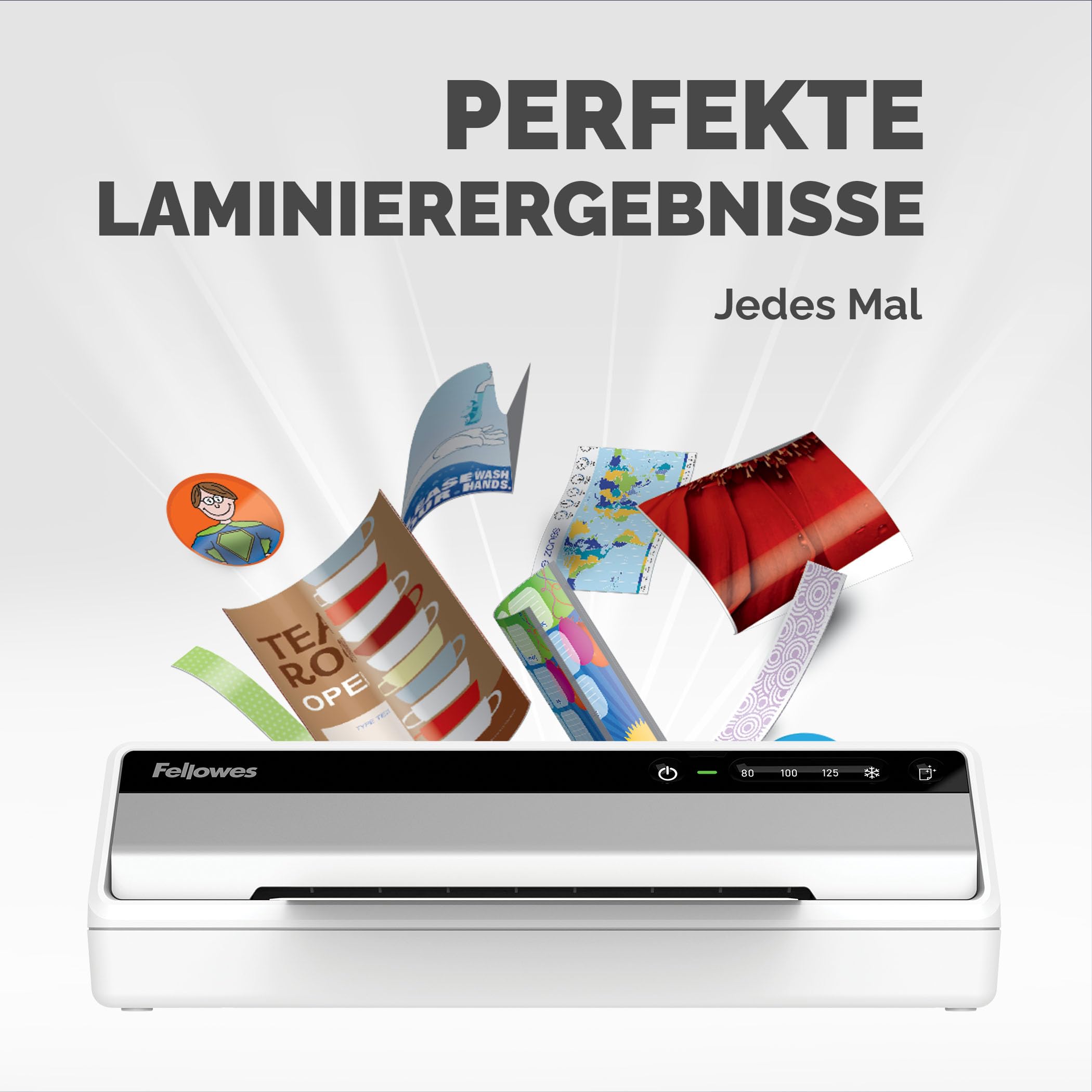 Fellowes Saturn A4 Laminiergerät fürs Büro – InstaHeat, 60 Sek. Aufwärmzeit, Staufreigabe, Auto-Abschaltung – für 80/100/125 Mikron – inkl. 10 Folien – für Zuhause & Büro
