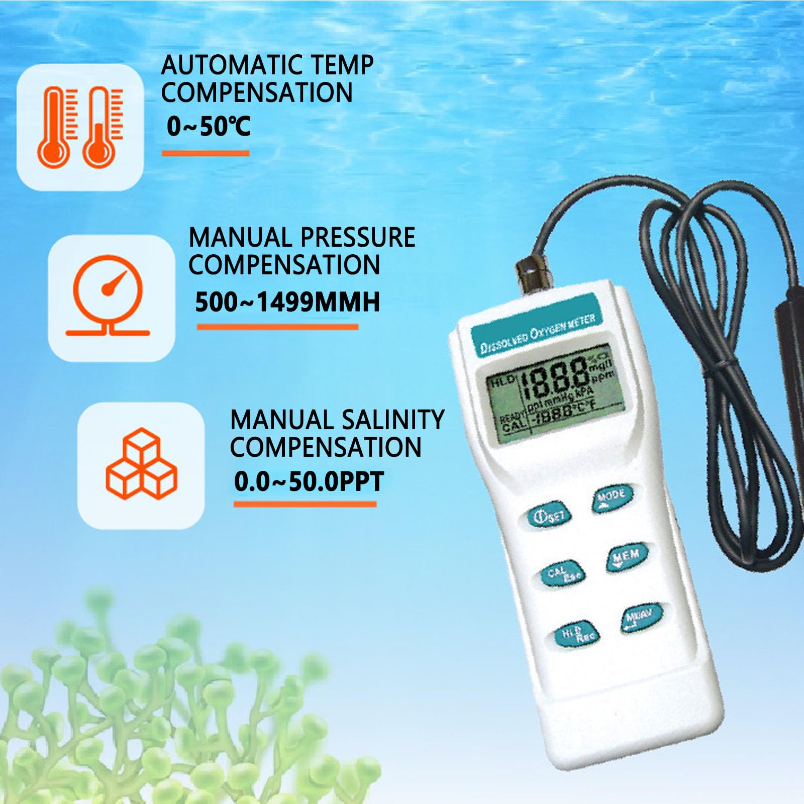 Misuratore di PH Portatile, DO Misuratore Multiparametrico Digitale Grande LCD Disciolto Ossigeno con ATC 99 Funzione di Memoria per Acqua Marina Acquacoltura e Coltivazione