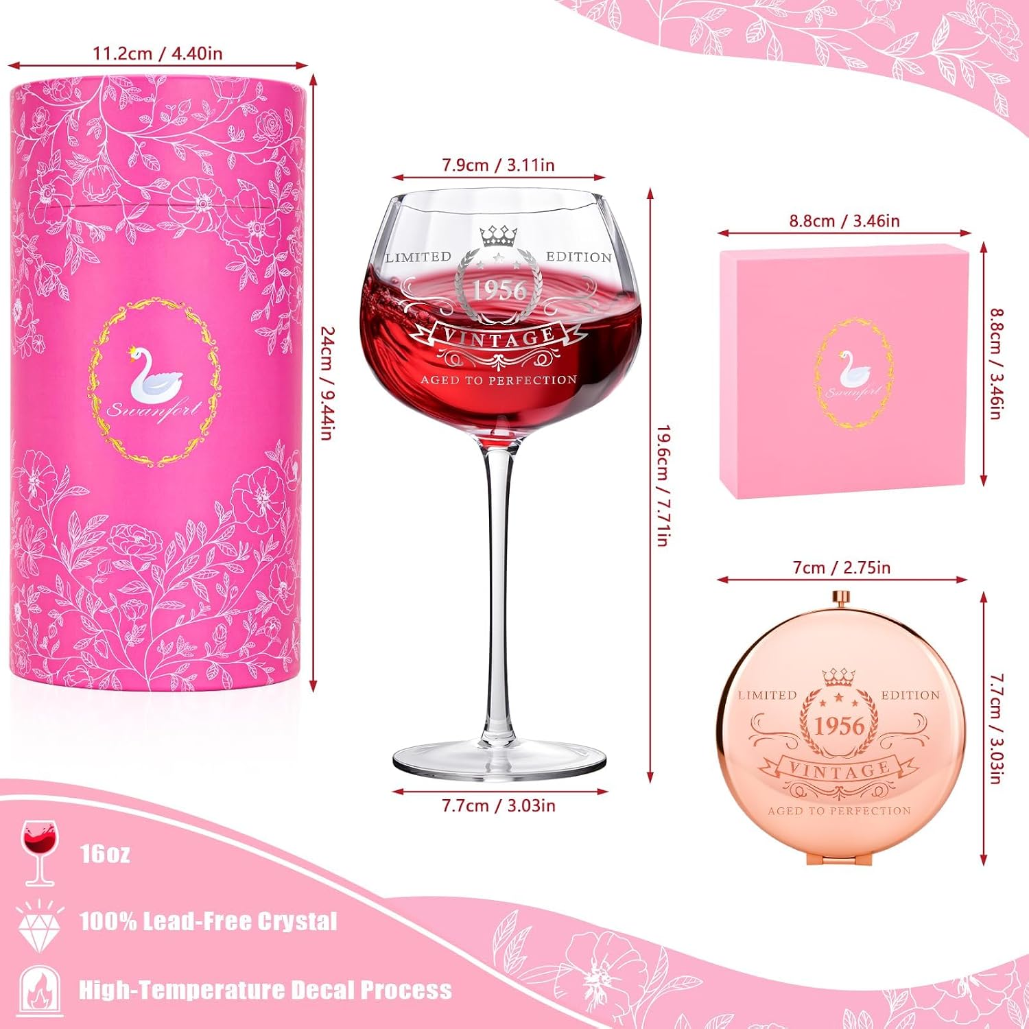 70th Birthday Gifts for Women, 1956 Vintage Wine Glass, Elegant Present for Mom, Grandma, Friend or Wife – Celebrating 70 Years of Love and Life