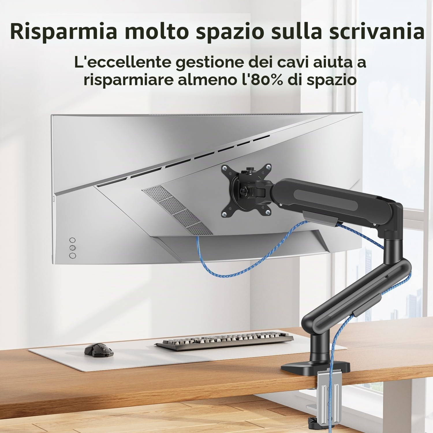 ELIVED Supporto da scrivania per monitor singolo per schermi da 13-34", supporta max 12 kg, inclinabile e girevole, braccio regolabile in altezza con molla a gas, VESA 75 e 100 mm, morsetto a C e base