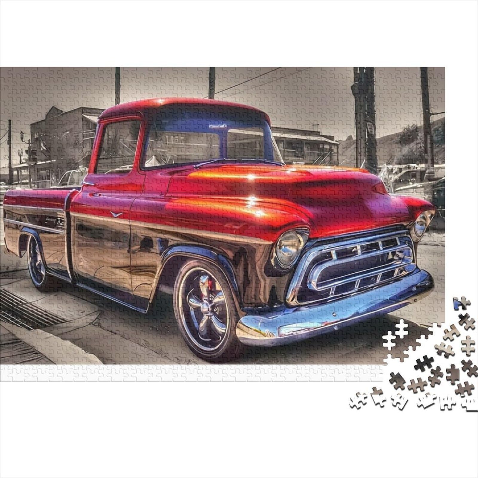 Classic Red Pickup 1000 Pieces Puzzle ForAdults Kids Beautiful View Red Vintage Pickup Decoration Puzzle Educational Game Gifts Puzzles for Adults Jigsaw Puzzles for Adults 52x38cm/1000pcs