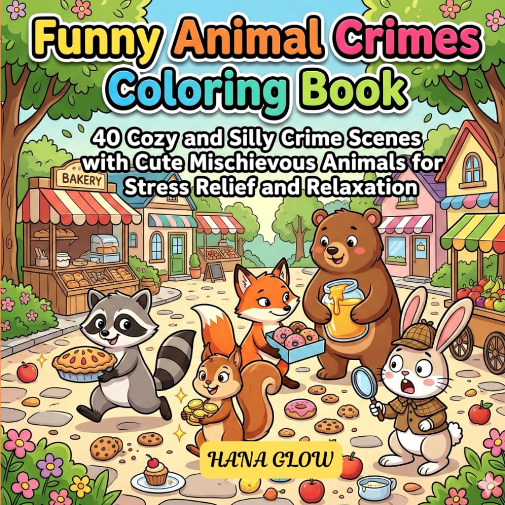 Funny Animal Crimes Coloring Book: 40 Cozy and Silly Crime Scenes with Cute Mischievous Animals for Stress Relief, Relaxation and Laugh-Out-Loud Fun.