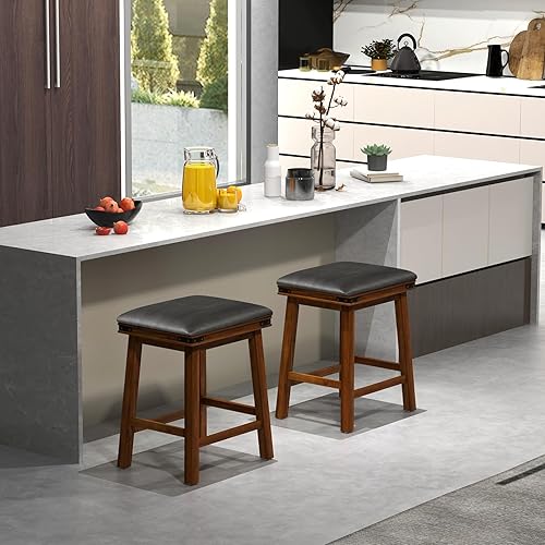 Miniatura 9 de Giantex Juego de 2 taburetes de bar de 24 pulgadas de altura de mostrador, taburetes de bar de madera sintética de granja con asiento acolchado,