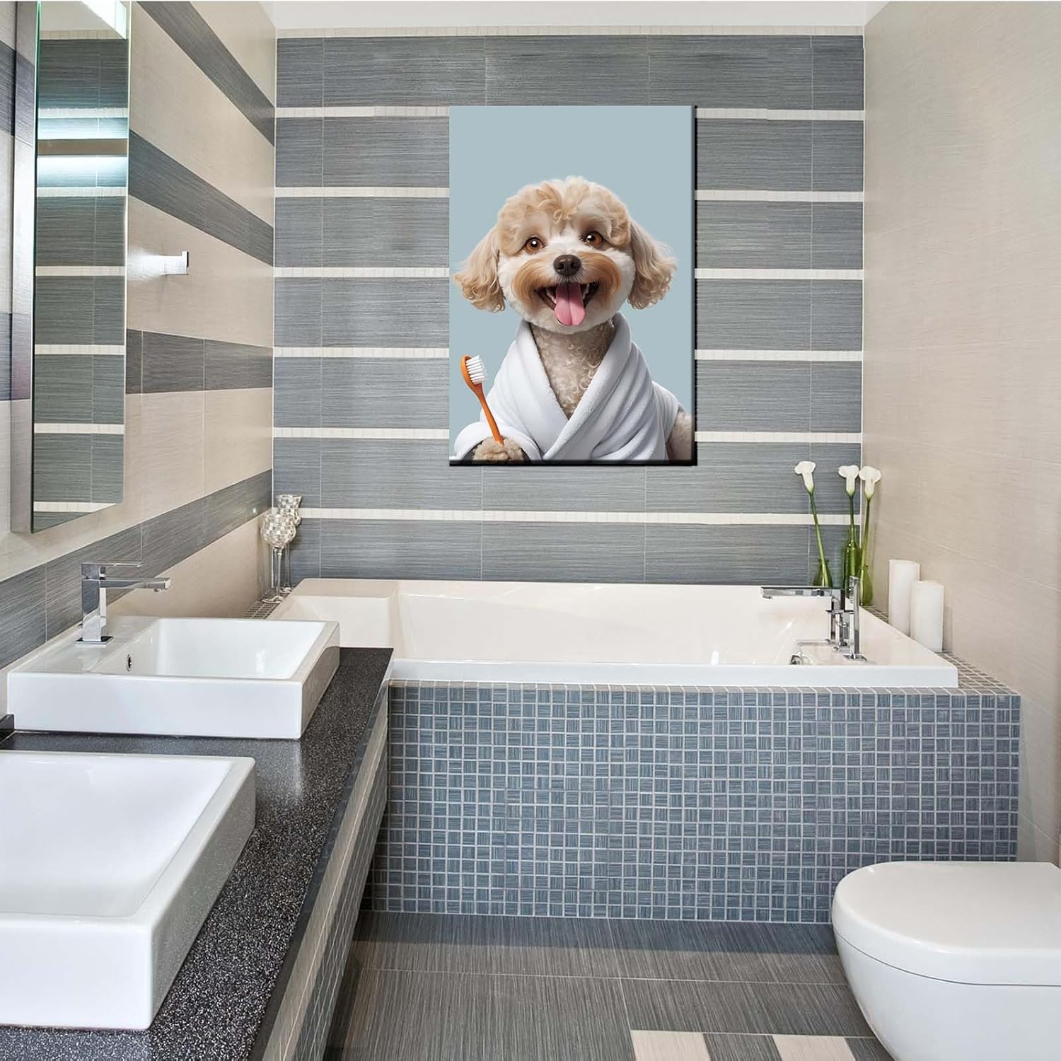 Cocker Spaniel wearing bath towel dog portrait modern home kids pet bathroom prints funny bathroom wall decor animals in toilet creative bathroom decor poster wall art print bathroom poster