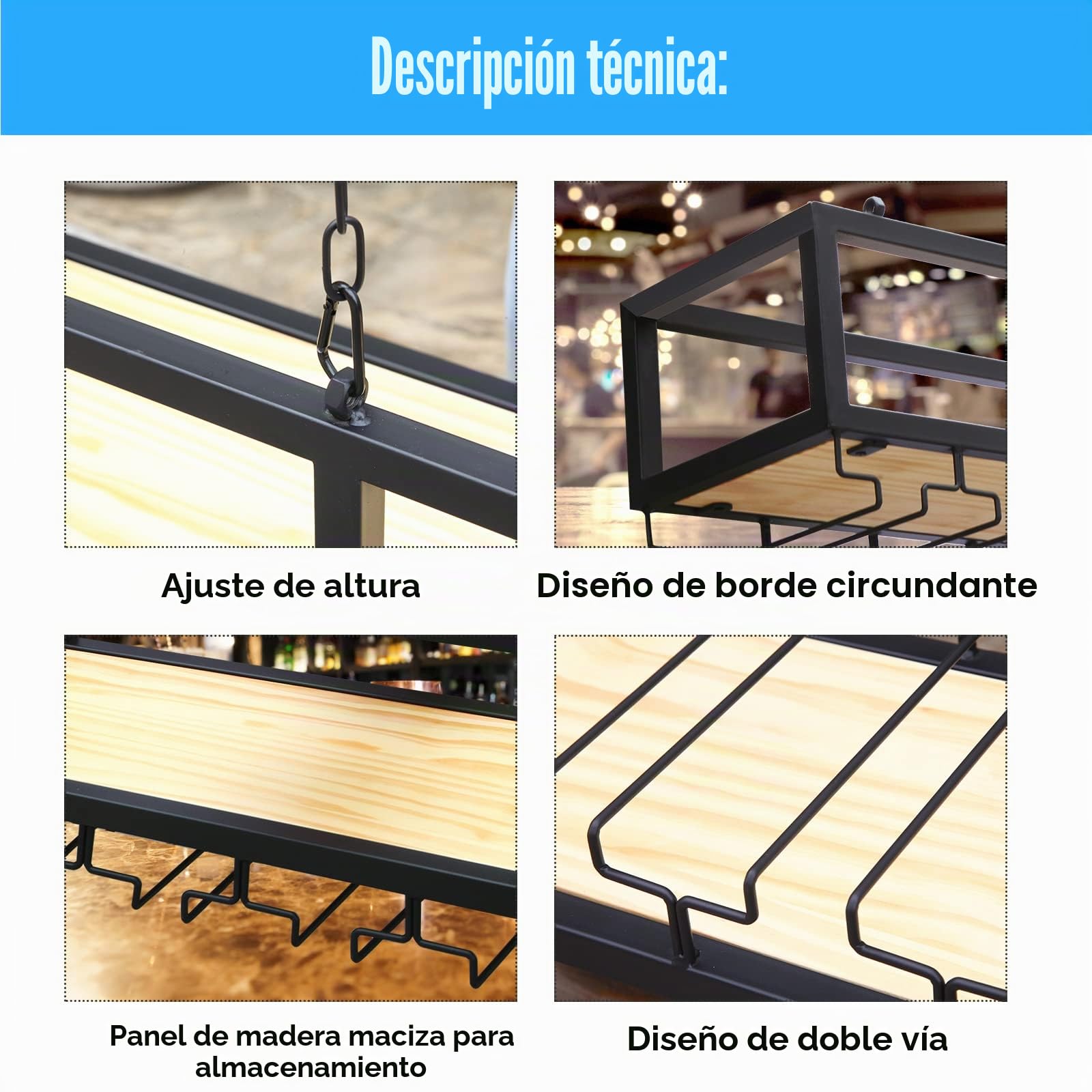 Botellero Soporte para Copa de Vino Colgante, Botellero de Vino Industrial Colgante, Altura ajustable Techo Botellero, Estante de Almacenamiento de Vino para el Hogar Bar Comedor Cocina