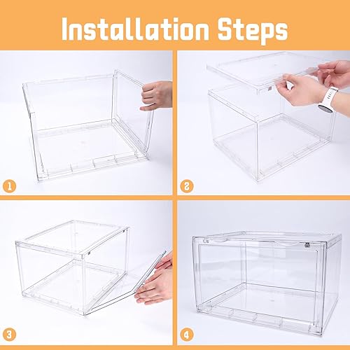 Miniatura 3 de Paquete de 4 cajas grandes de almacenamiento de zapatos transparentes apilables de plástico con puerta magnética lateral, organizador para el hogar