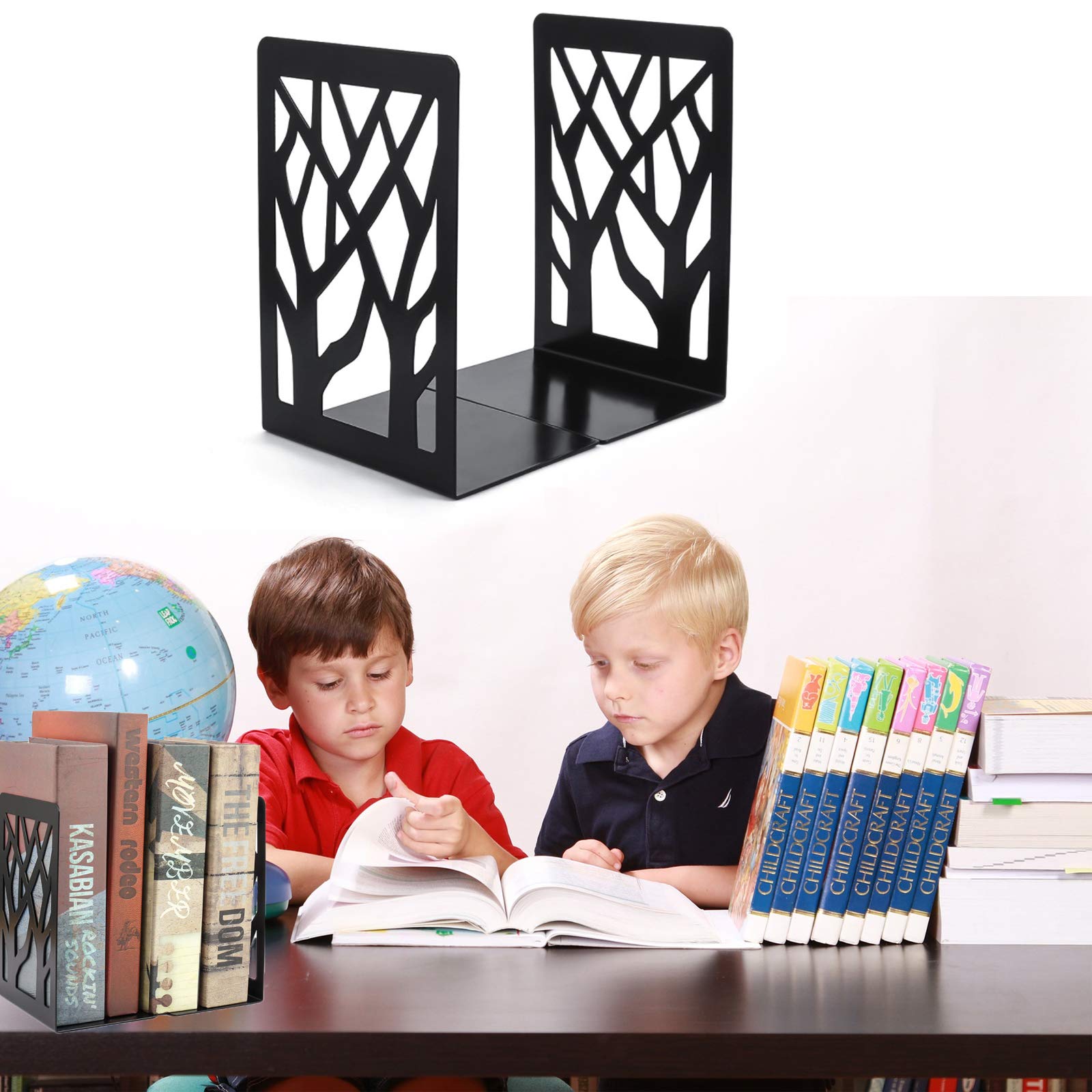 Set 2 Fermalibri Metallo Design Albero - Reggilibri Per Scaffali Neri Antiscivolo