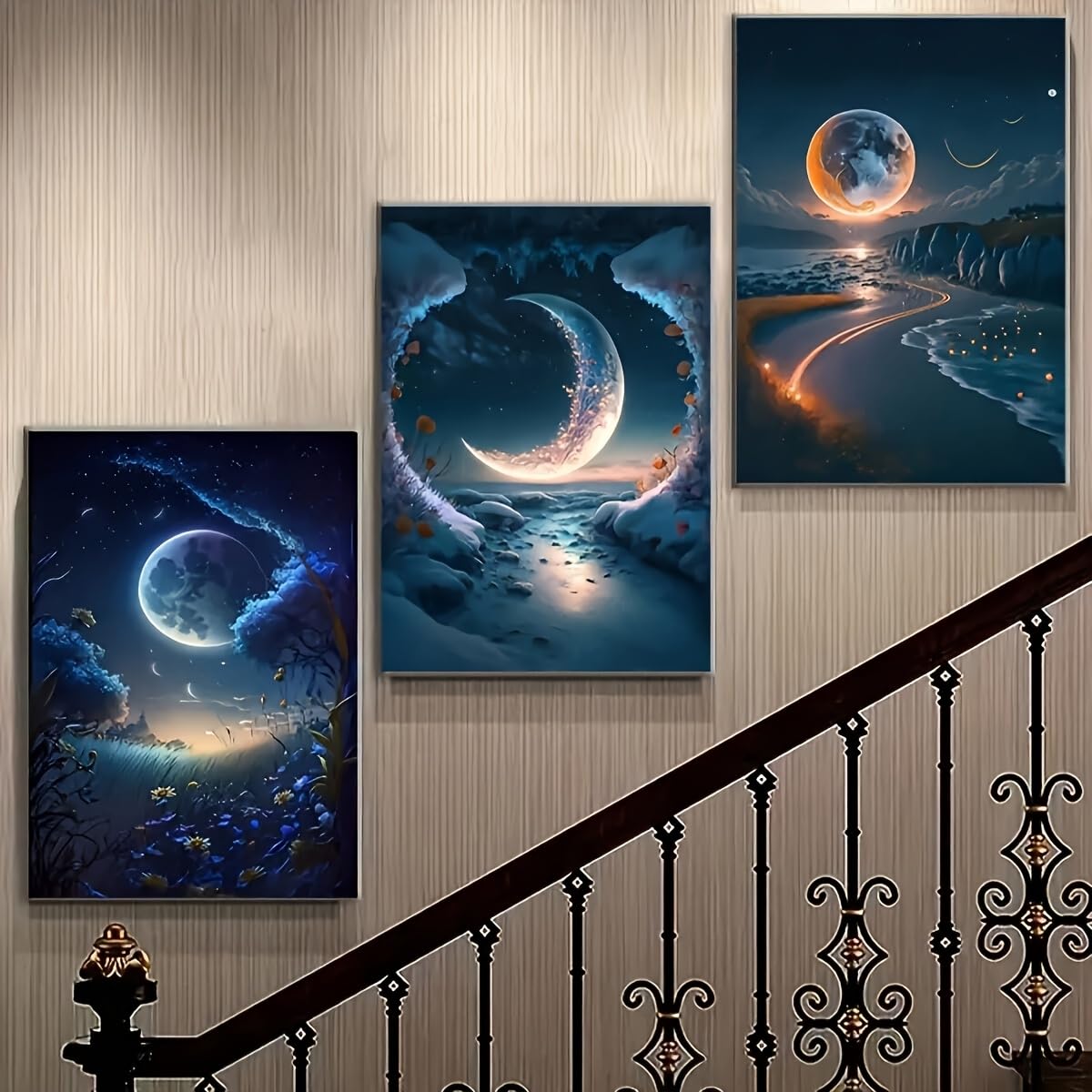 JKEVCBIAX Full Moon Canvas Poster Mirror, New Moon Bay Wall Art Delicate Soft and Elegant Prints(70x90cmx3/NO frame)