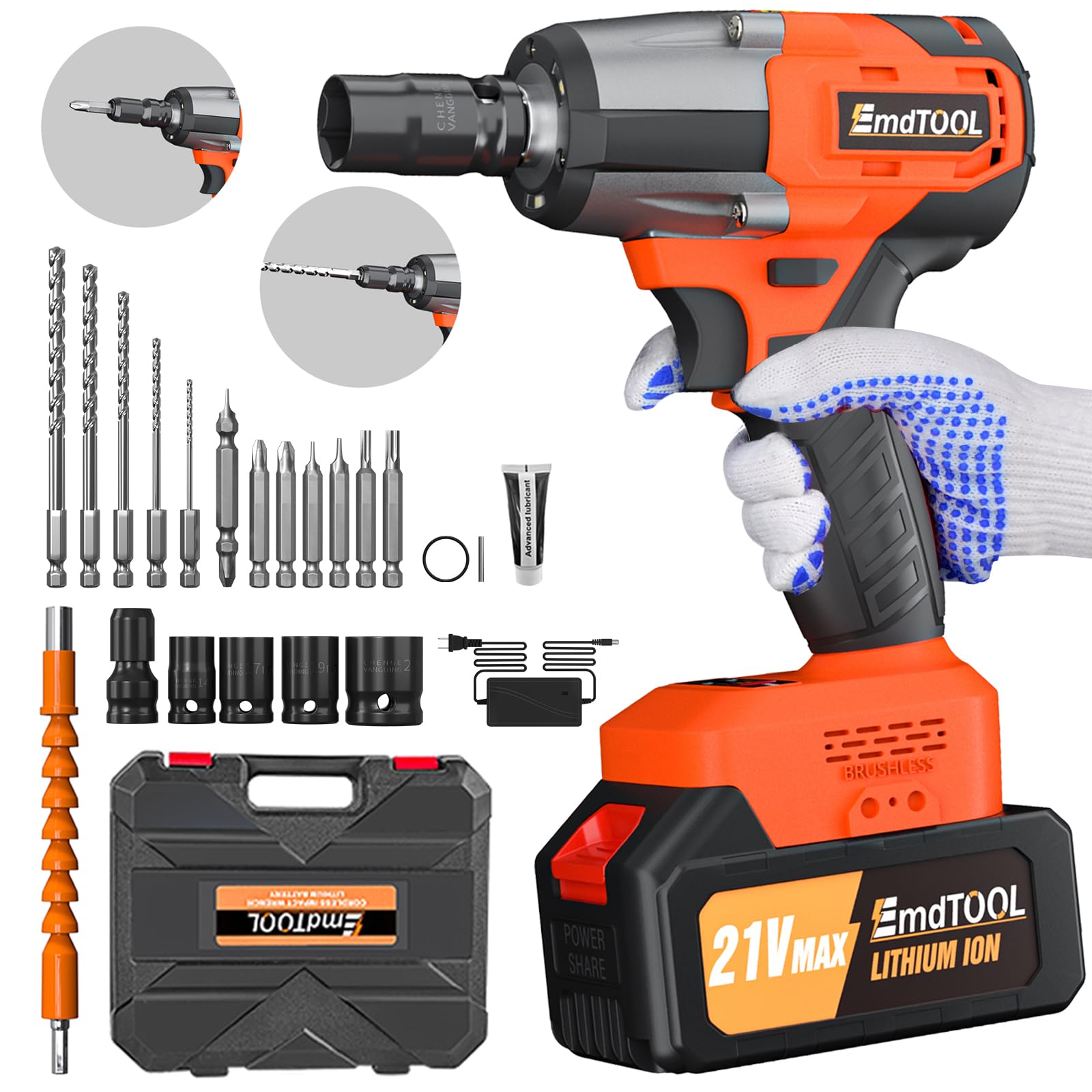 1/2 Zoll Akku Schlagschrauber Bürstenloser, 3 in 1 Elektrischer Schraubenschlüssel, 550NM & 3400RPM mit 16 Zubehör Elektro-Schlagschrauber mit Trigger Led Licht, Geeignet für Auto, DIY und Haus