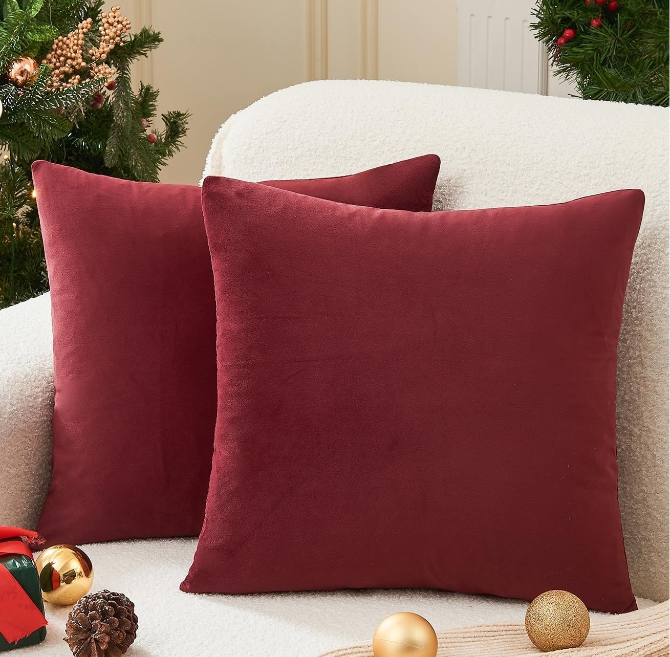 Christmas Burgundy Pillow Covers Set of 2 18x18 Inch Throw Pillow Covers, Soft Velvet Xmas Wine Red Decorative Pillow Covers for Couch Sofa Bed Living Room, Home Modern Decor Burgundy1 18" x 18" (Pack of 2)