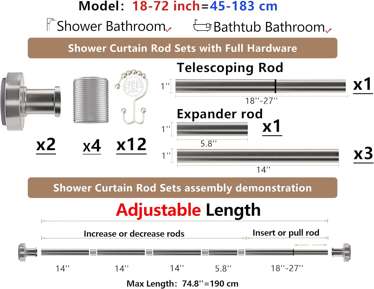 Brushed Nickel Shower Rod with 12 Hooks, Adjustable Length Range 18-72 Inches, Rust Resistance, 30LB Tension Rod with Durable Spring, No Drilling - Use For Bathroom, Bedroom, Home