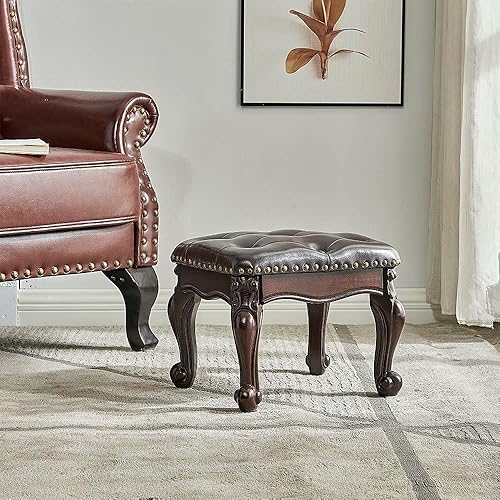 Miniatura 4 de Taburete otomano con cojín de cuero de microfibra para pasillo, vestíbulo, sala de estar, dormitorio, montaje simple (marrón oscuro)