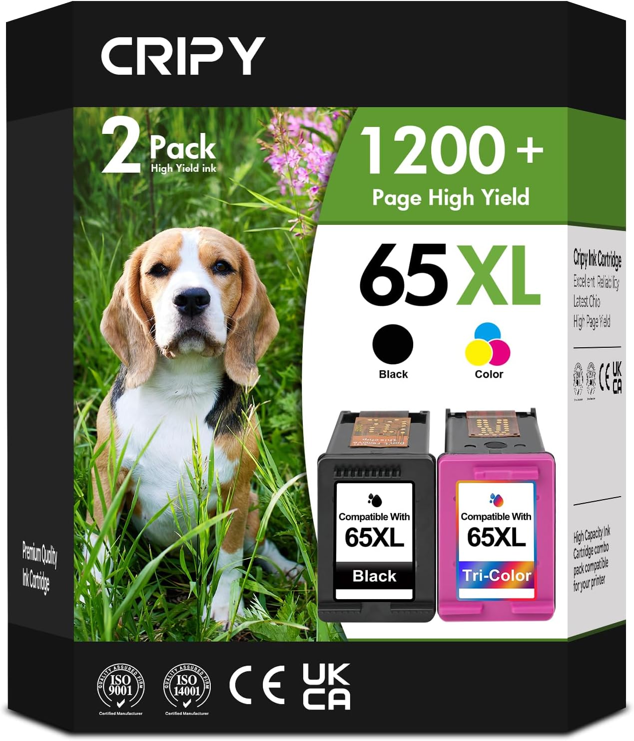 CRIPY 65XL 65 Ink Cartridges Black/Color Combo Pack Replacement for HP Ink 65 65XL Ink Cartridges for Envy 5055 5052 5058 DeskJet 3755 3772 3752 3700 2600 Printer (65-XL Ink, Black Tri-Color)