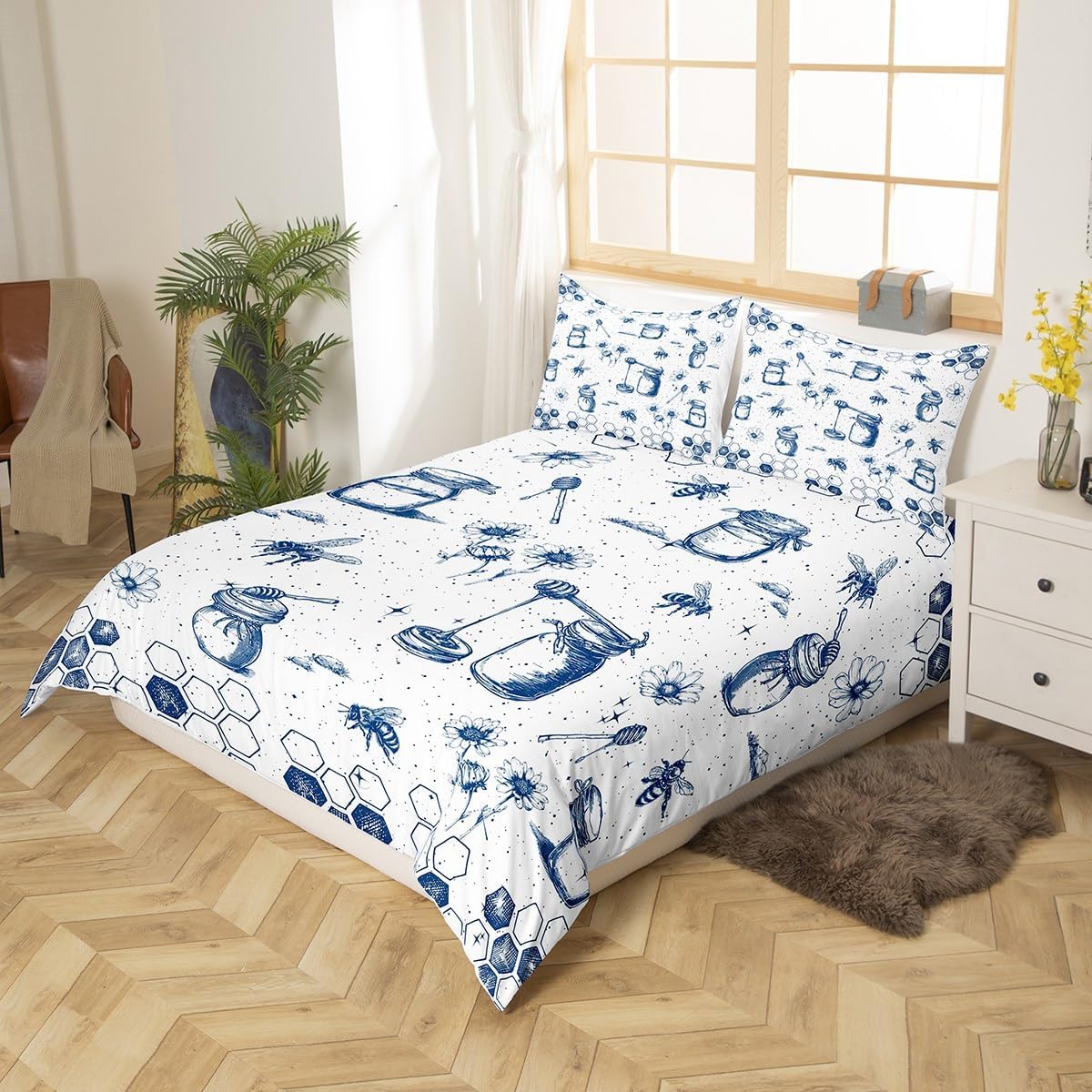 Feelyou Honeycomb Bedding Set King Size Kids Bee Print Geometrical Comforter Cover Set for Boys Girls Teens Hexagonal Floarl Flowers Duvet Cover Blue White Beehive Bedspread Cover Room Decor