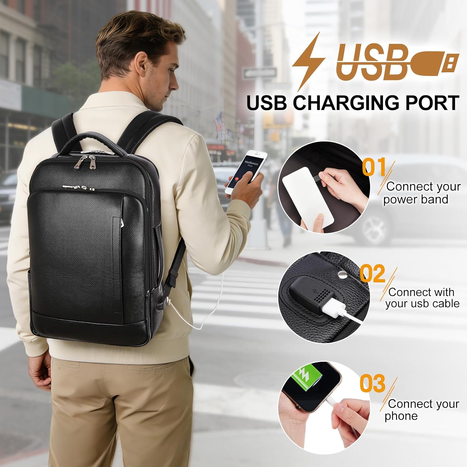 TIDING Men's Leather Business Backpack Fits 15.6 Inch Laptop, Expandable Office Work Casual Daypack with USB Charging Port