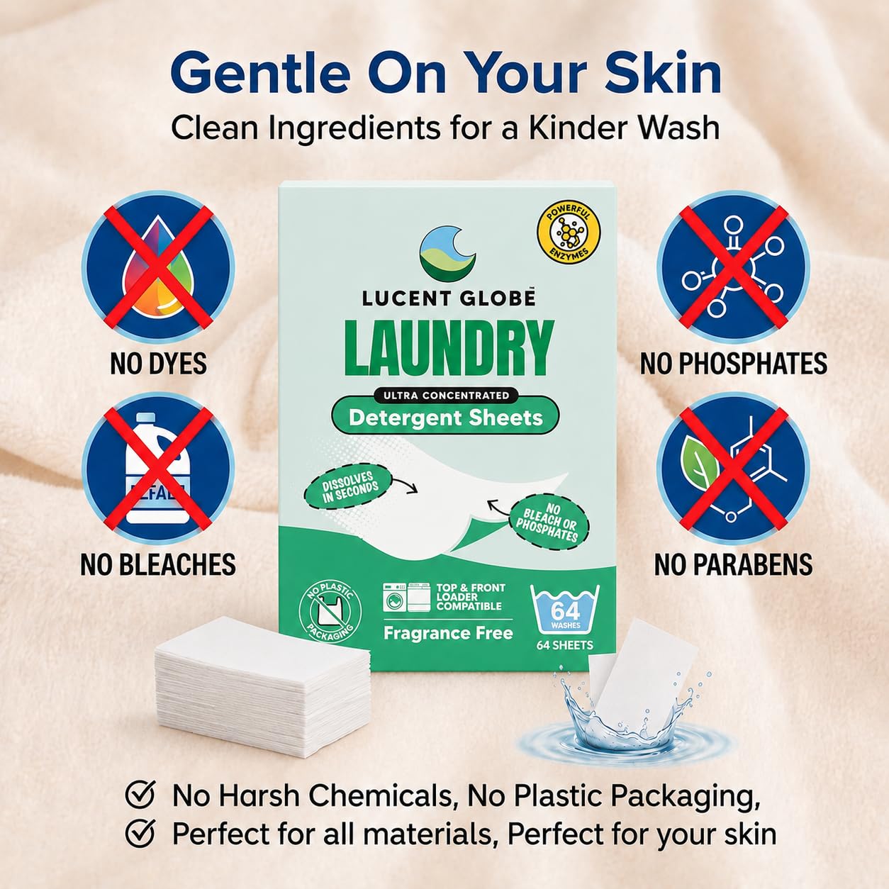 Lucent Globe Sensitive - Hojas de detergente para ropa sin fragancia, 64 lavados, a base de plantas, biodegradables, embalaje sin plástico, 64 unidades