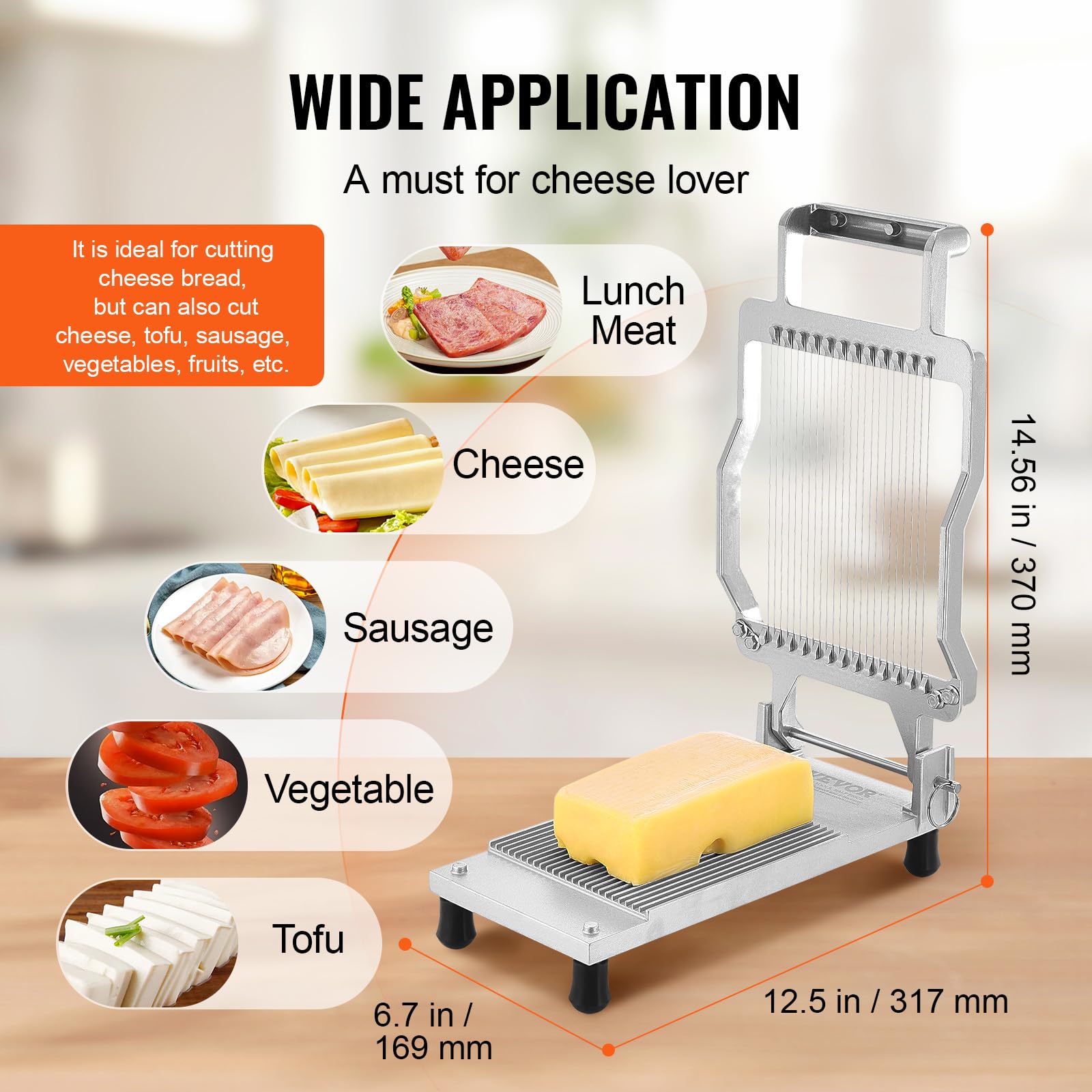 VEVOR Cortador de Queso con Alambre Desmontable, Cuchilla Ultrafina para Cortar Mantequilla y Queso de 5 mm, Aleación de Aluminio con Alambre de Acero Inoxidable 316, para Cocina, 317 x 169 x 90 mm
