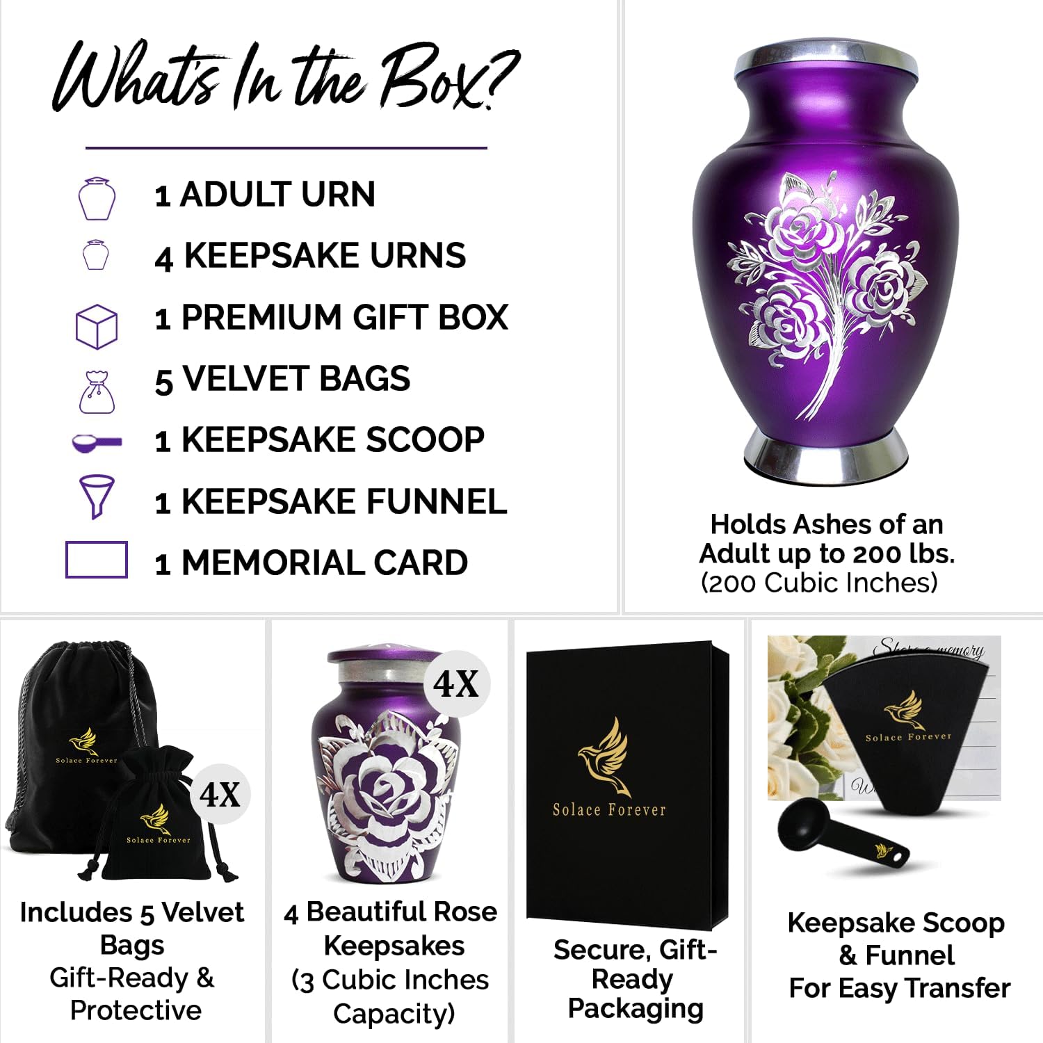 Urn for Ashes for Women – Purple Urn for Human Ashes Adult Female with 4 Keepsake Urns – Elegant Cremation Urn Set with Velvet Bag & Gift Box (Purple, Set of 5)