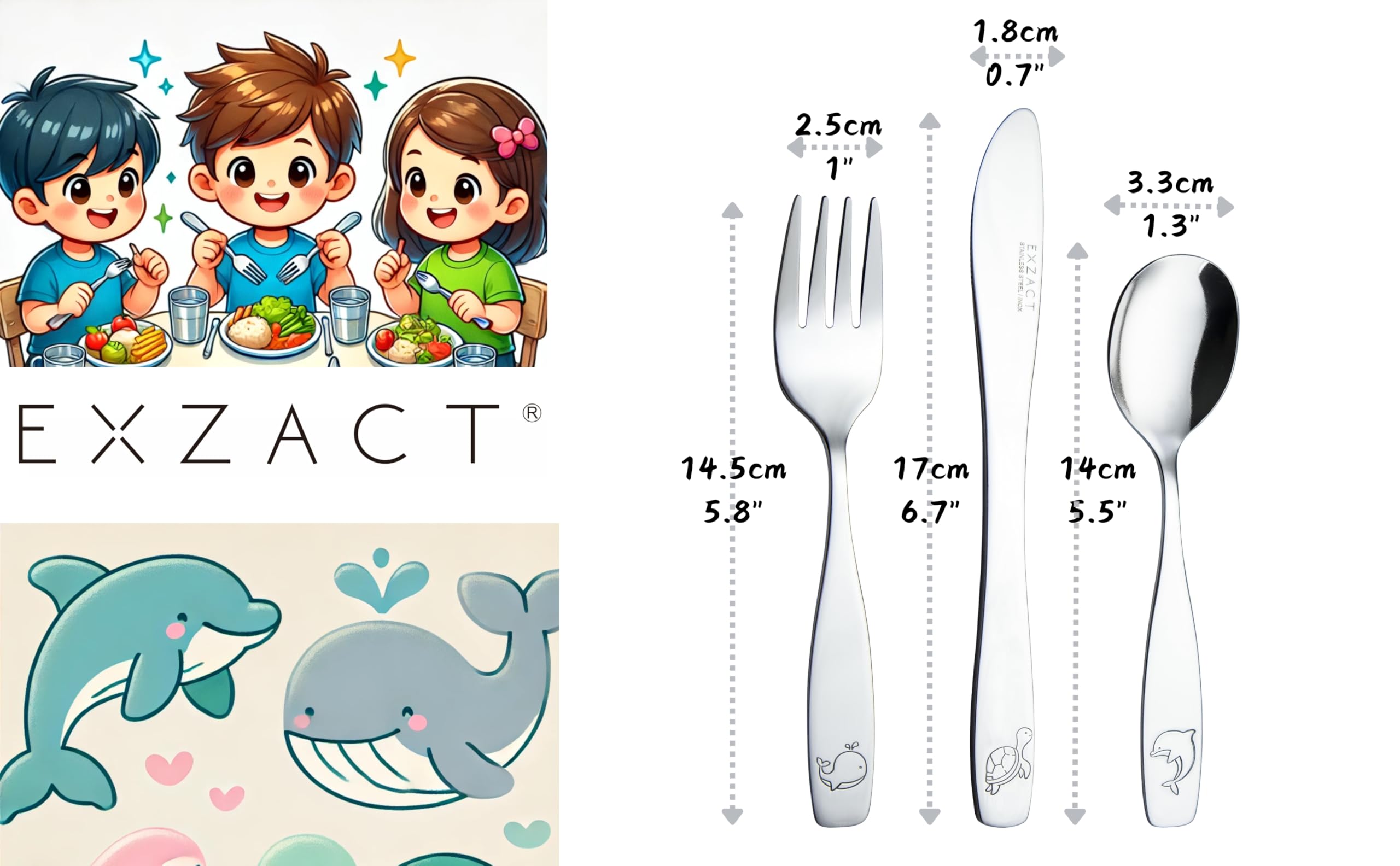 Exzact Children's Cutlery Stainless Steel 6pcs, Kids Silverware Toddler, Dishwasher Safe, Engraved Ocean Creatures Dolphin - Image 3