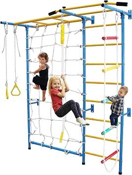7 in 1 Indoor Kids Playground, Jungle Gyms Bars for Exercise Gymnastic Wall with Monkey Bars, Rope Ladder, Rope Wall, Pull-up Bar, Wall Ladder, Rope, Gymnastic Rings Gym, Boys Girls Gift large