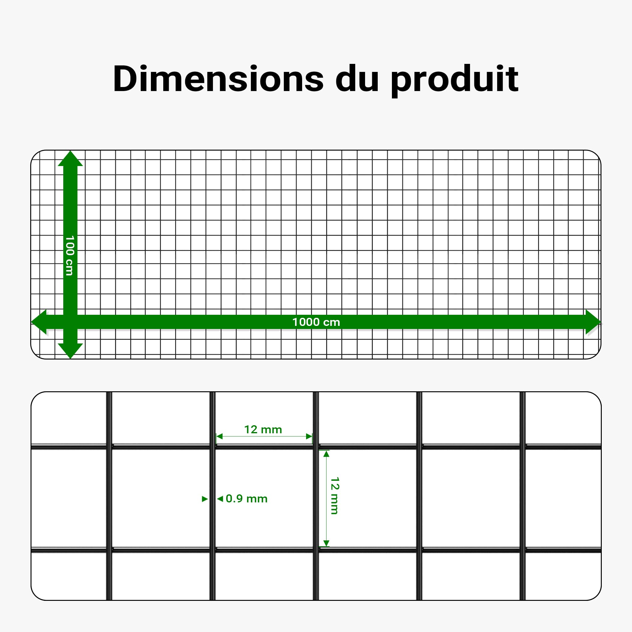 Wiltec Fil de grillage Noir à mailles carrées 12 x 12 mm - 10 m x 100 cm - en Acier galvanisé revêtus par PVC - Rouleau Clôture pour Volière Clapier Jardin Sylviculture Agriculture
