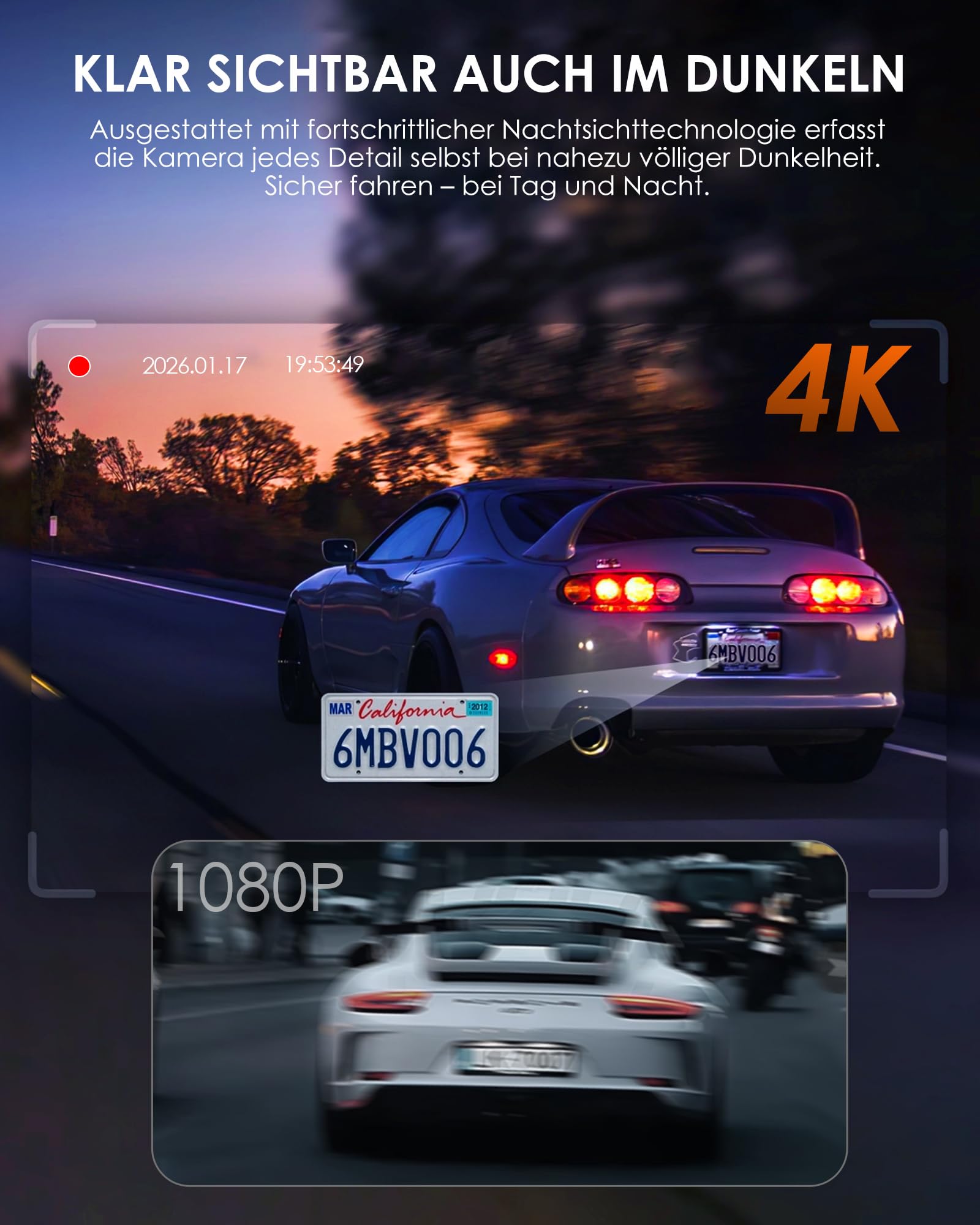 iZEEKER 3-Kanal 4K Dashcam Auto mit 32 GB Karte, 4K+1080P+1080P Vorne Hinten Innen, WDR, IR Nachtsicht, WiFi 6, Loop-Aufnahme, G-Sensor, 24h Parkmodus