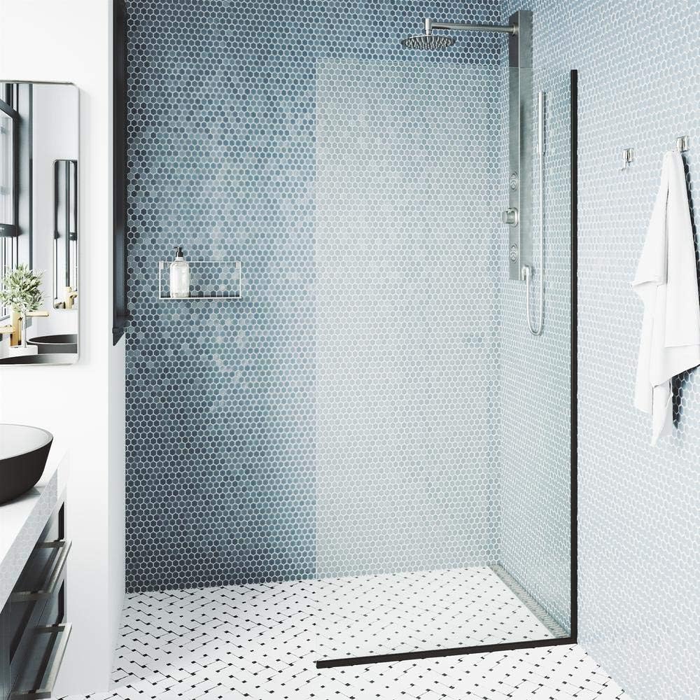 Zenith 34"W x 74"H Frameless Fixed Shower Screen Door in Matte Black with 3/8" Clear Glass
