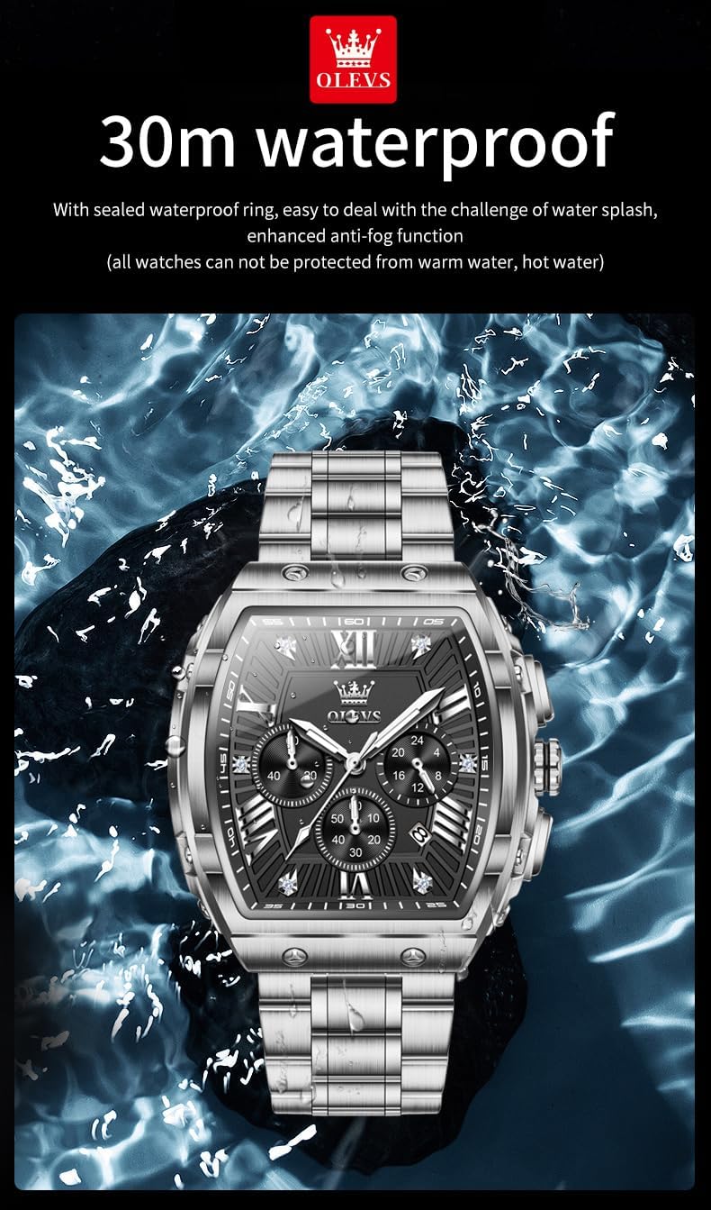 OLEVS Mens Watches Analog Quartz Chronograph Square Dress Watch for Man Stainless Steel or Leather Band Waterproof Luminous Date Male Watch - Image 3