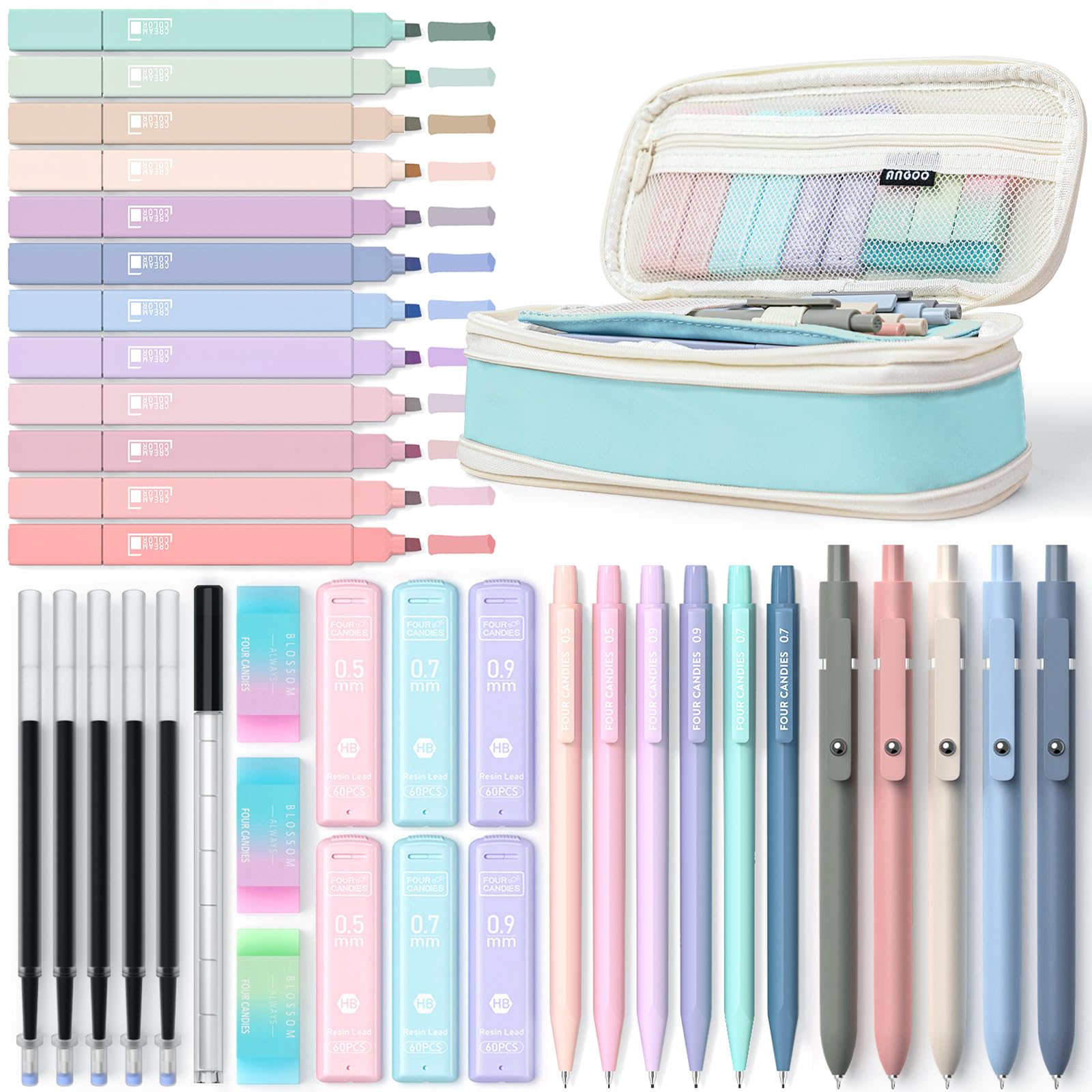 Four Candies 39 PCS Aesthetic School Supplies with Cute Pen Case, 12 Pastel Highlighters, 5 Black Ink Gel Pens, 6 Mechanical Pencils Set 0.5 & 0.7mm for Students Stationary College Essentials (Blue)