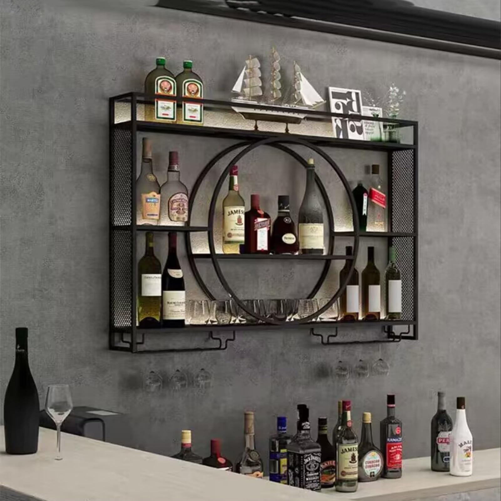 Porte-bouteilles de vin mural industriel noir pour salon et cuisine moderne
