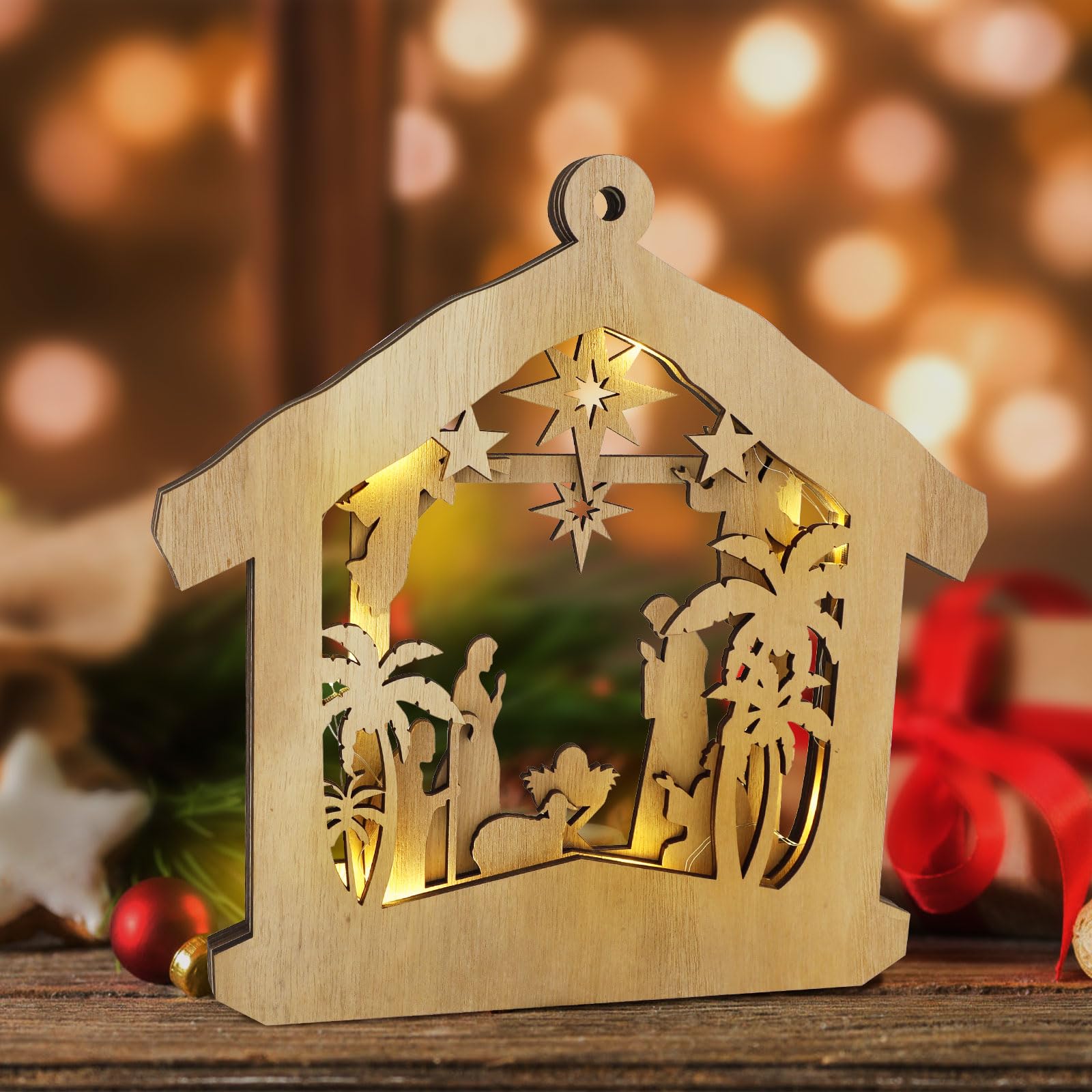 Adorno de Belén Navideño, Adornos de Belén de Madera Multicapa con Luz LED para Decoración de Mesa de Oficina en Casa