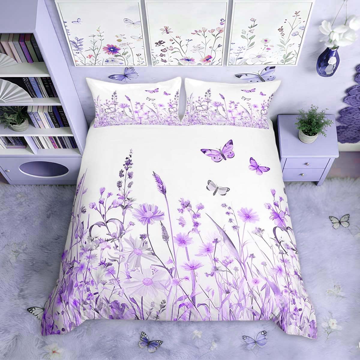 Homemissing Purple Flowers Pattern Duvet Cover Set King Size for Girls Adults Women Kids Butterflies Print Bedding Set Garden Flower Comforter Cover with 2 Pillowcases Nature Theme Zipper
