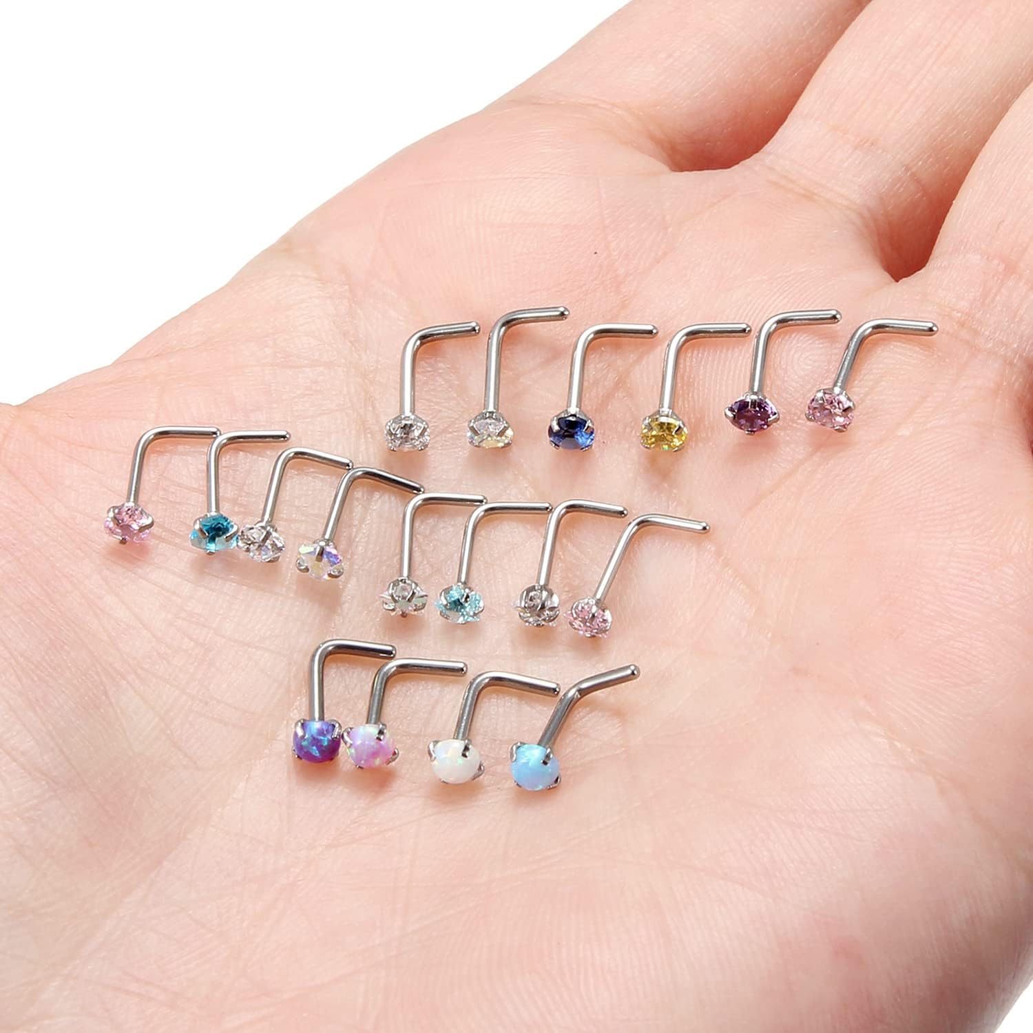 Cisyozi 18G 20G Hypoallergenic Nose Rings Studs Surgical Steel Opal Heart Star Nose Stud Cubic Zirconia Nose Piercing Jewelry for Women Men Straight L Shaped Screw Style - Image 7