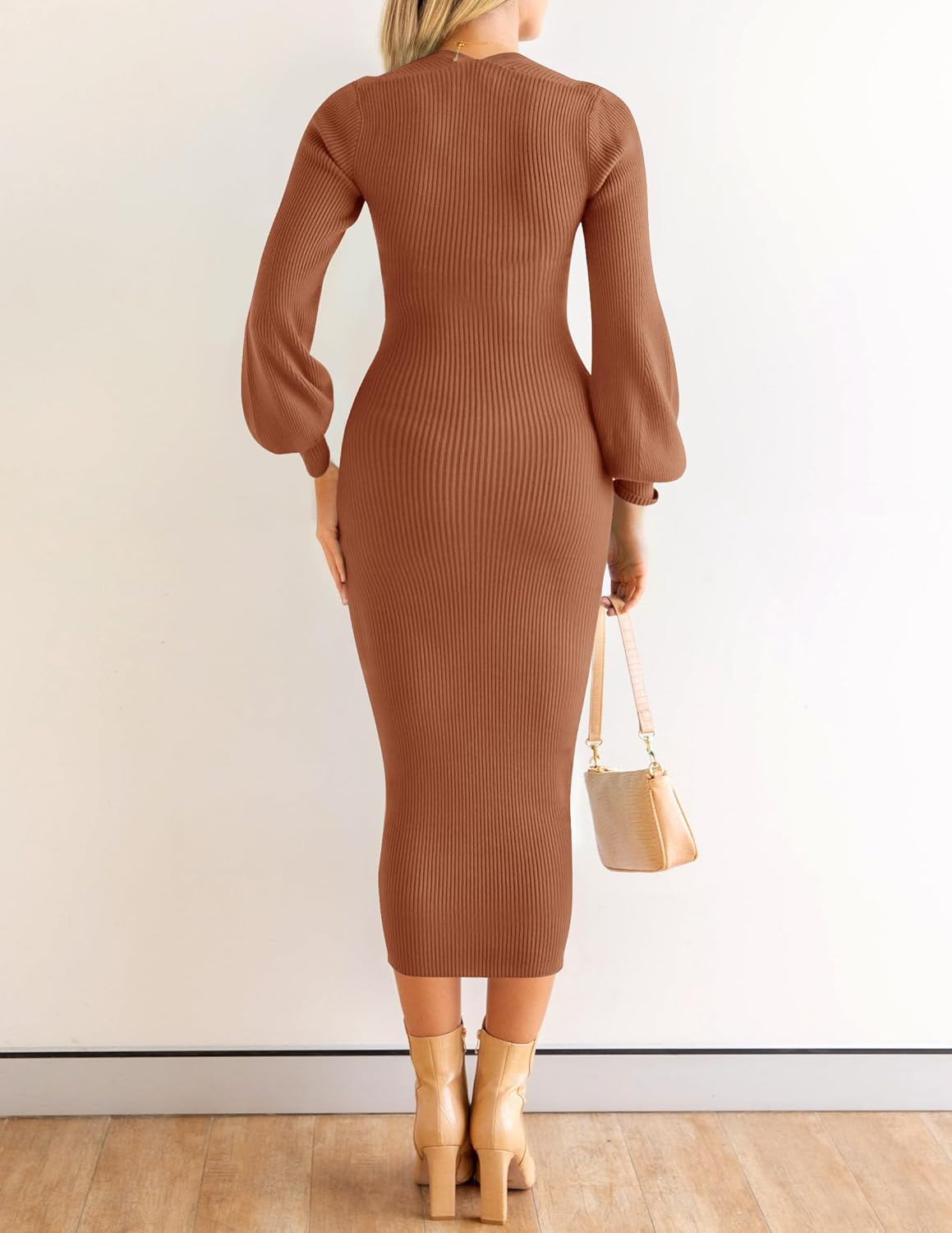 ZESICA Women's 2026 Square Neck Ribbed Knit Dress Puff Long Sleeve Slim Fit Bodycon Fall Winter Pullover Sweater Dress - Image 4