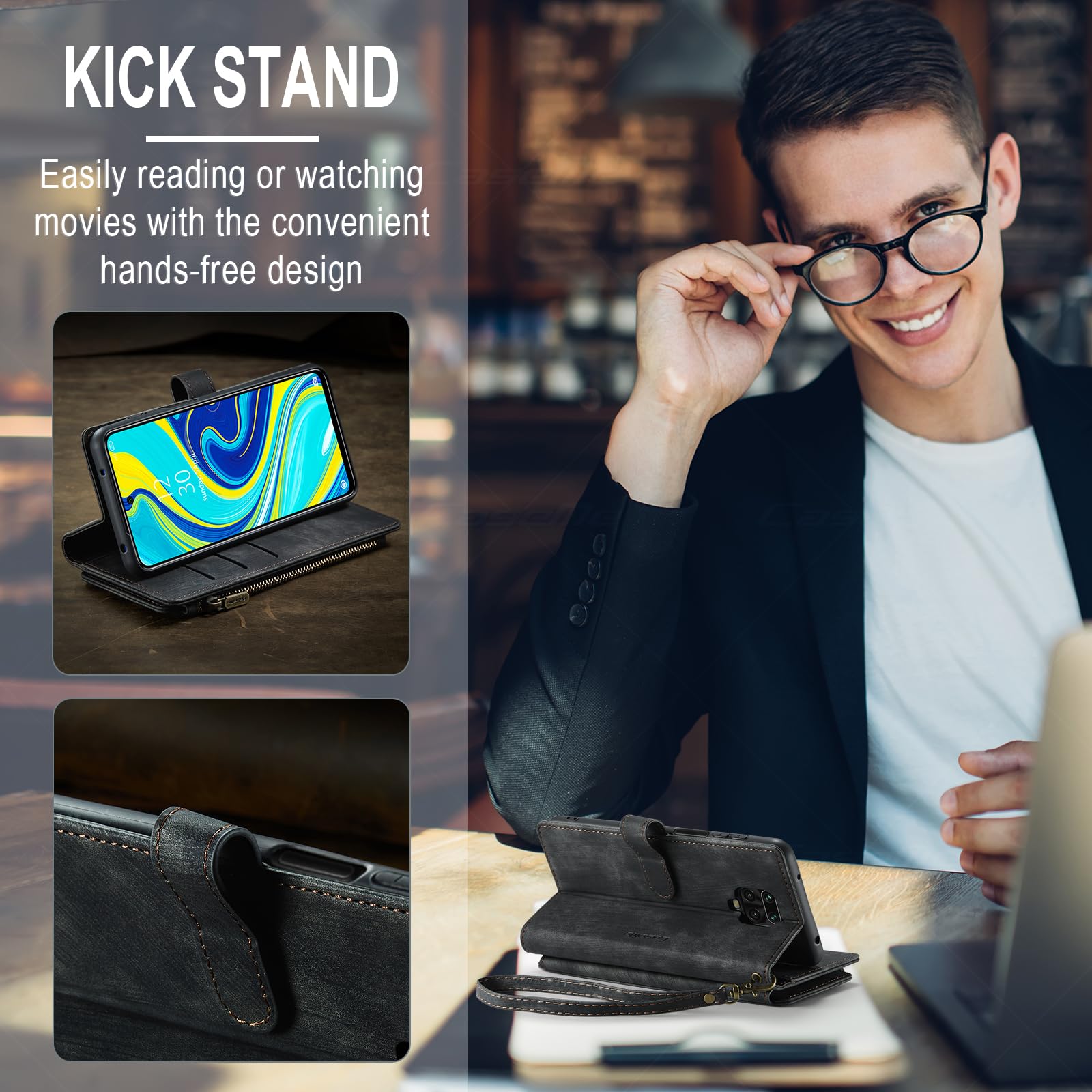 Custodia A Libro In PU Pelle Per Xiaomi Redmi Note 9S/9 Pro, Con Portafoglio E Supporto, Disegno Lupo E Meteora - 3