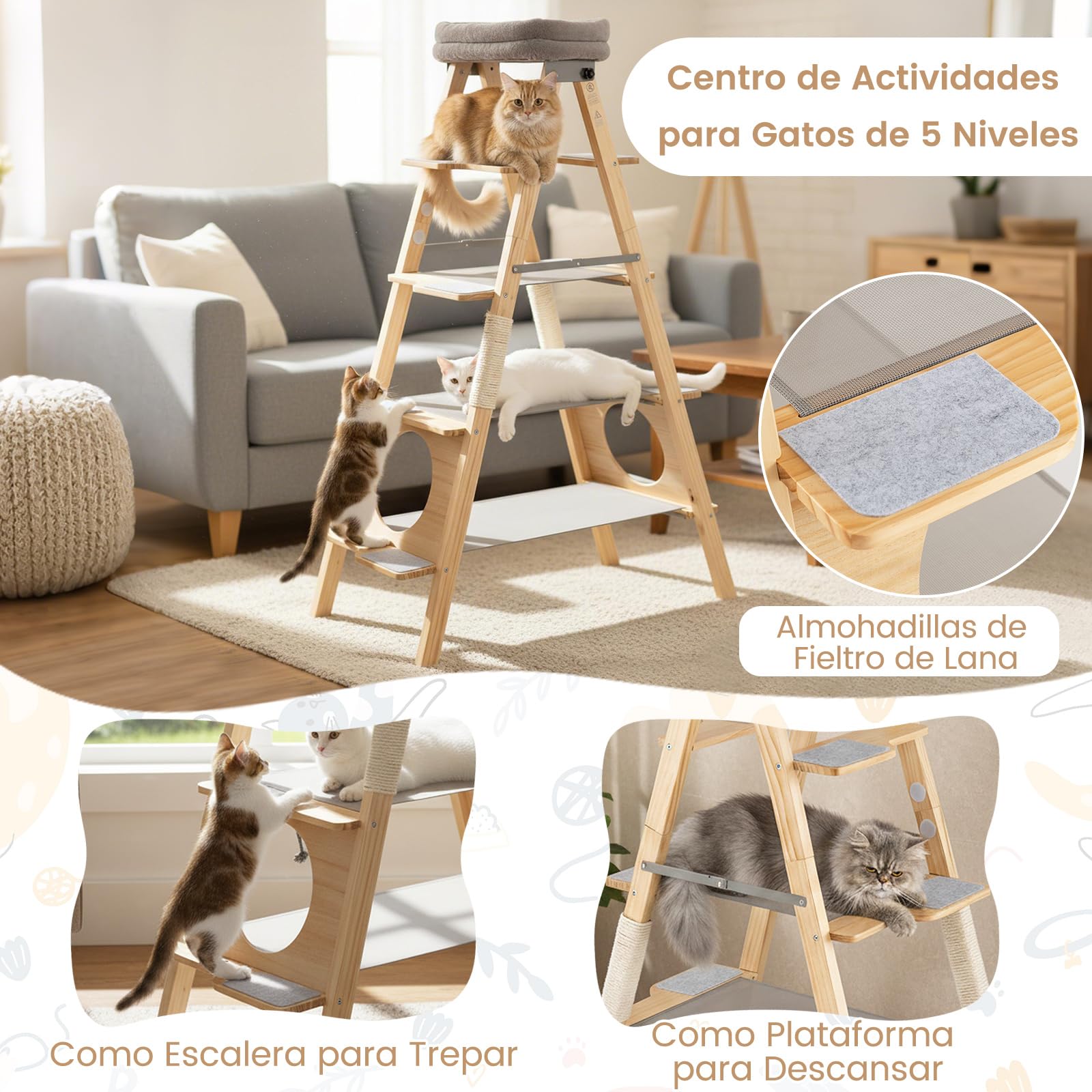 COSTWAY Árbol para Gatos de Madera Maciza, 151 cm, Rascador Gato Plegable con Escalera, Torre Alta para Gatitos de 5 Niveles con Cama, Perchero Tapizado y Poste Rascador de Sisal, Natural y Gris
