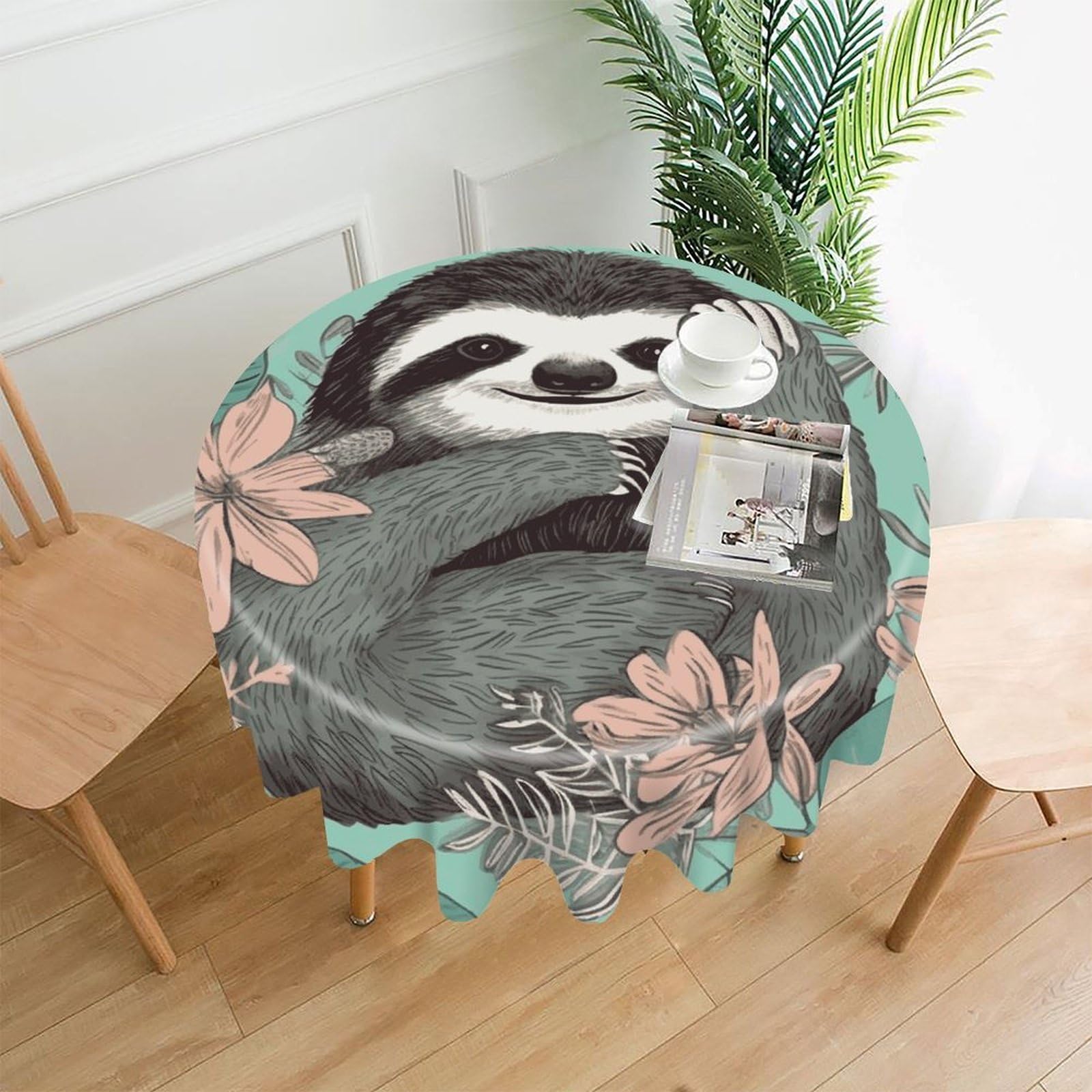 FekiLoot Animal Sloth Mint Green Round Tablecloth Cover 60 Inch Wrinkle Free Washable Polyester Fabric Table Cover Decorative Round Table Cloth for Home Dining Kitchen Party Farmhouse