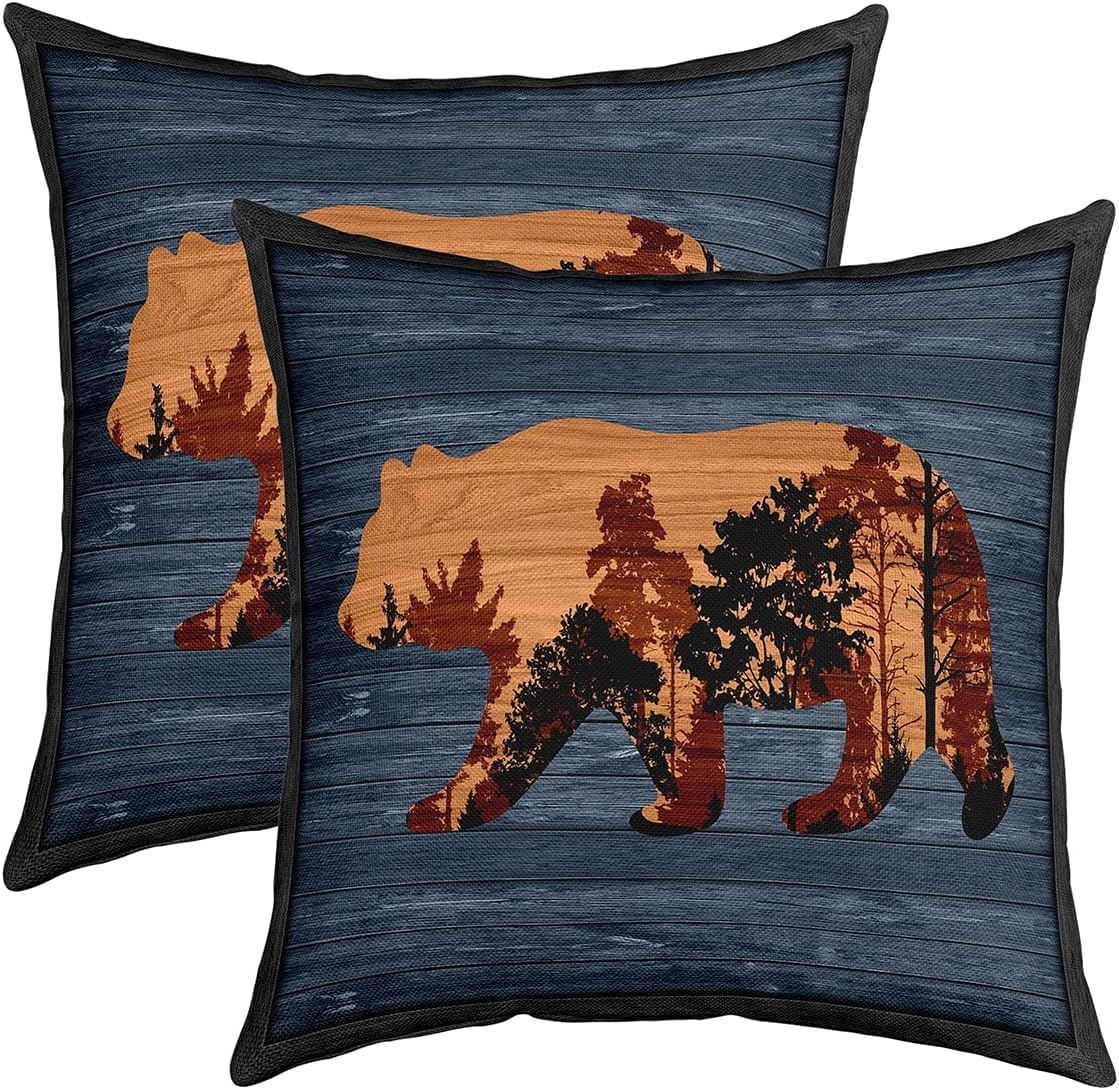 Loussiesd 40x40cm Bear Pillow Covers Sofa Bed 2pcs Set Pillow Covers Bear Sofa Cushion Couch Cushion Cabin Rustic Cabin Country Nature Wildlife Bear Blue Camper Pillow Cover Farmhouse Inserts