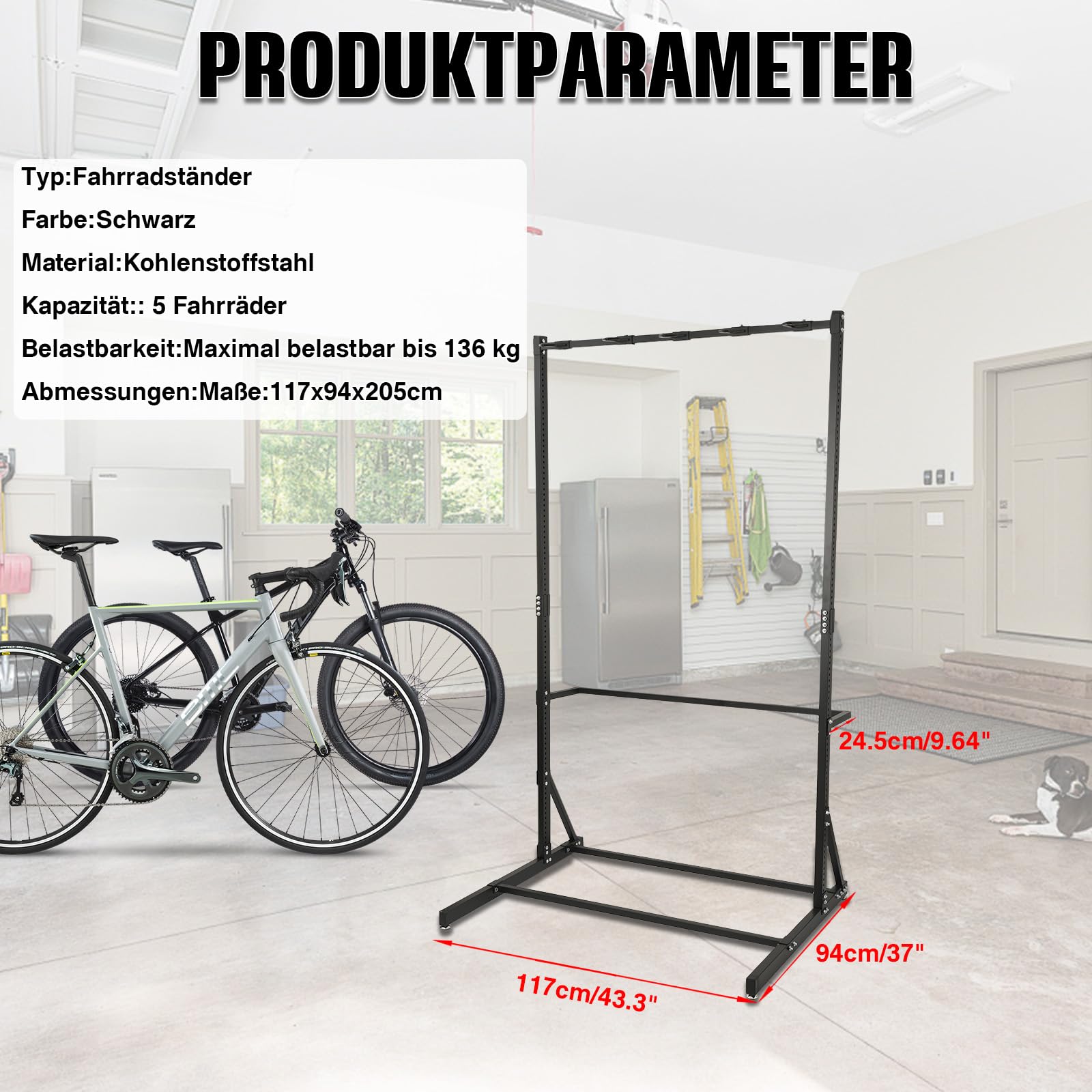 Freistehender Fahrradständer für 5 Fahrräder, 160KG Vertikaler Fahrradständer mit 5 Fahrradhaken & 6 Helmhaken, Metall Fahrradhalter für Garage Keller Fahrradgeschäft