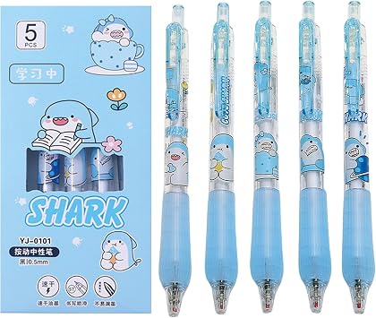 MOZXIRZ 5 Pcs Cute Retractable Pens Cartoon Shark Gel Pens Black Ink Pens 0.5mm Fine Point Smooth Writing Pens Aesthetic Gel Pens Office School Supplies Women Girls Boys Men Blue Shark