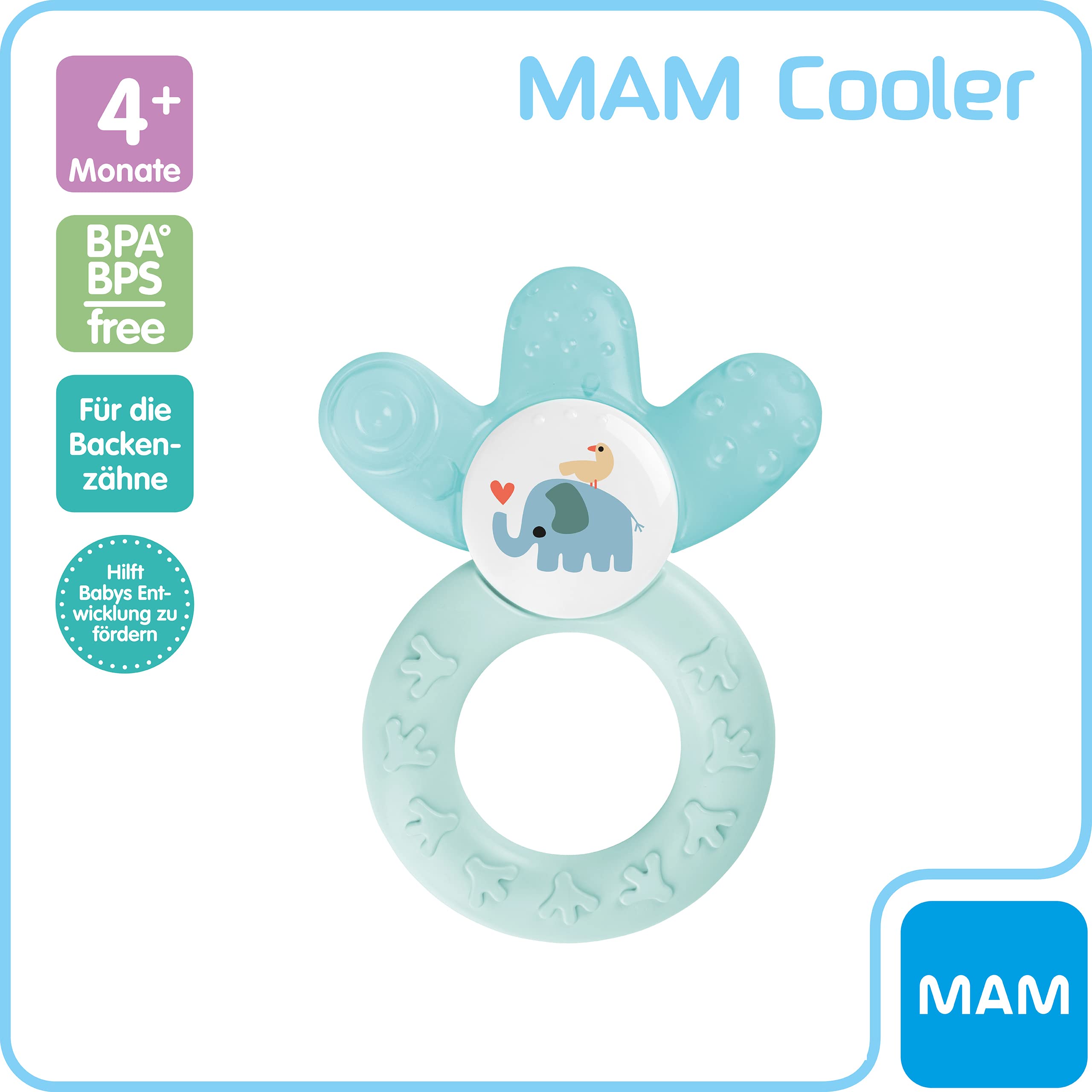 MAM Cooler, gryzak dla niemowląt wspomaga zmysł wzroku i motorykę, chwytak z częścią chłodzącą wodą dociera również do zębów trzonowych, od 4 miesięcy, turkusowy