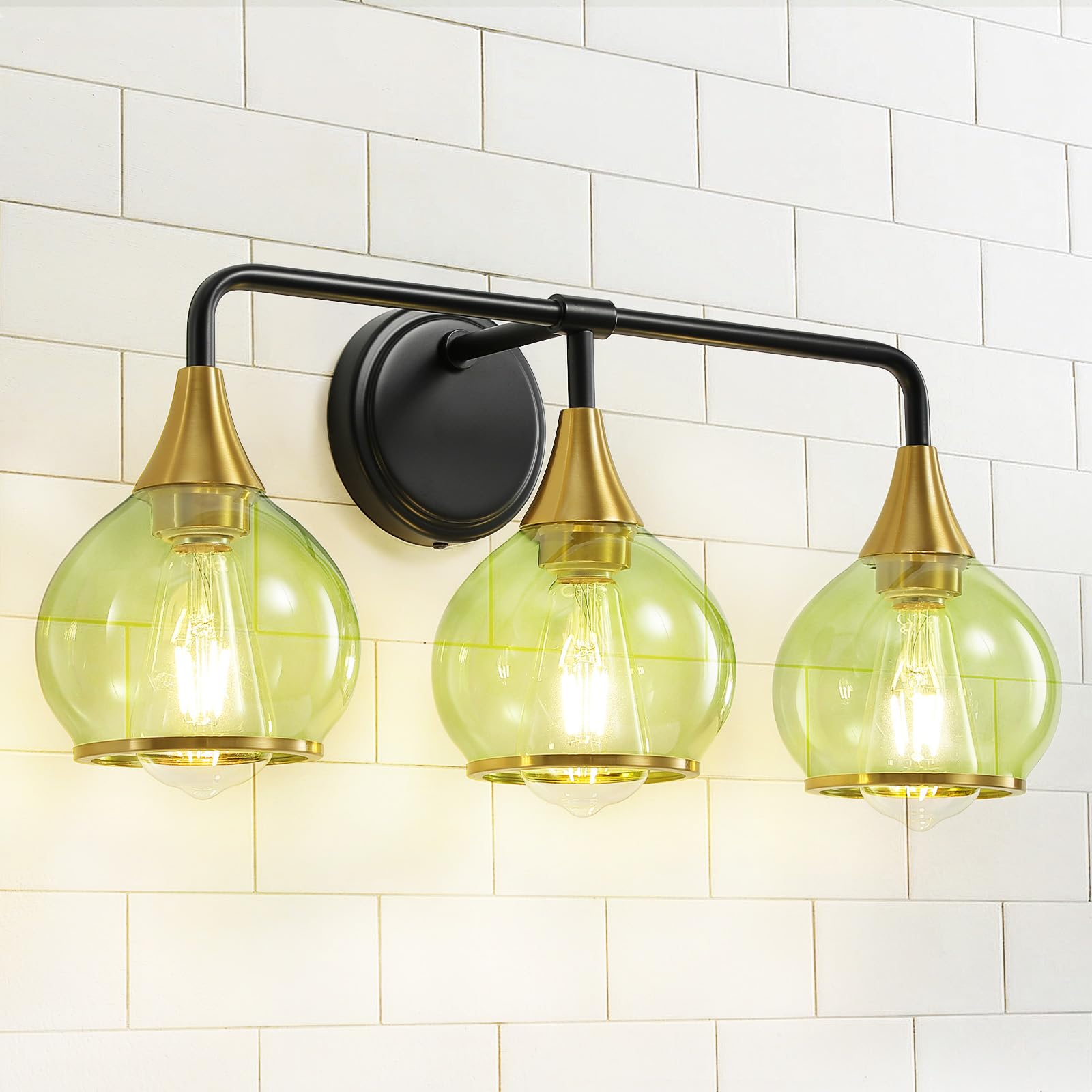Photo 1 of ***FACTORY SEALED***RHAHZT Black and Gold Bathroom Vanity Light 3-Lights Bathroom Light Fixtures Over Mirror with Green Clear Glass Shade 22.4 inch Wall Sconce Lighting Bath(Exclude E26 Bulb)