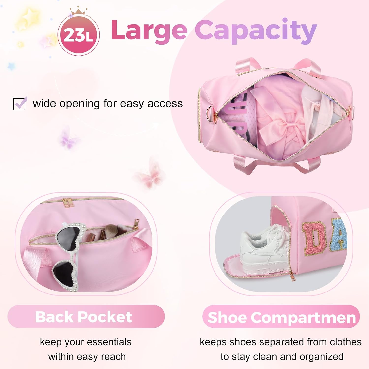 Dance Bag for Girls, KUIRAN Travel Duffel Bag with Shoe Compartment Lightweight Gym Sport Ballet Weekender Bag - Pink