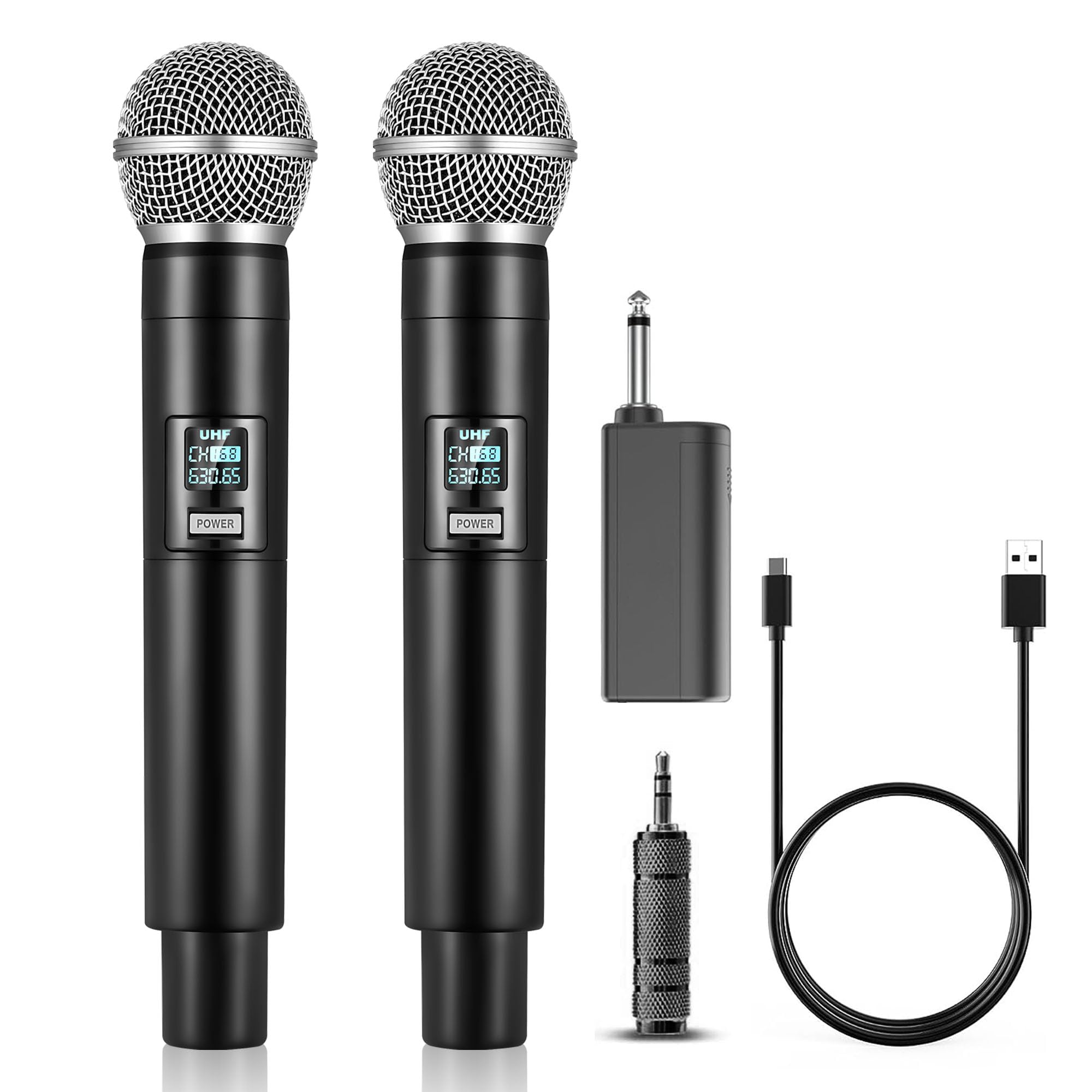 ALPOWL Microfono Wireless, UHF Dual Cordless Portatile Microfono con Ricevitore Ricaricabile, Durata 40 Ore, Portata 200 Piedi, Microfono per Karaoke, Chiesa, Discorsi, Matrimoni, Canti Alle Feste